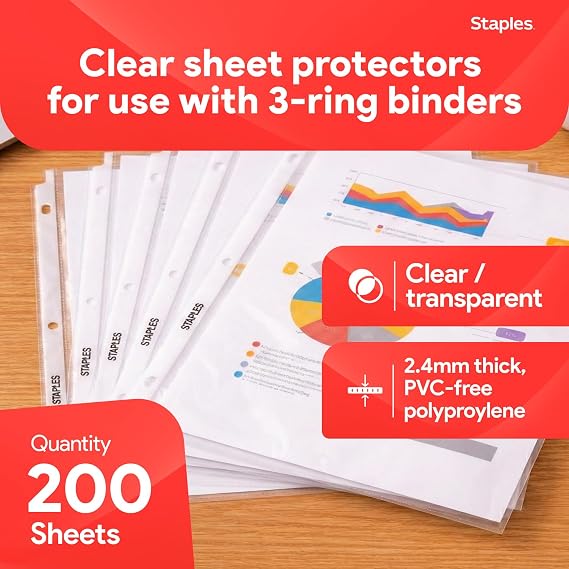 Staples Sheet Protectors, 8.5 x 11 Top-Loading Clear Page Protectors, 2.4 Mil Standard Weight, 200-Pack
