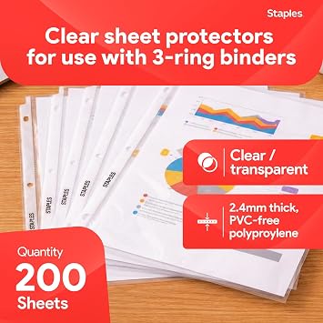 Staples Sheet Protectors, 8.5 x 11 Top-Loading Clear Page Protectors, 2.4 Mil Standard Weight, 200-Pack