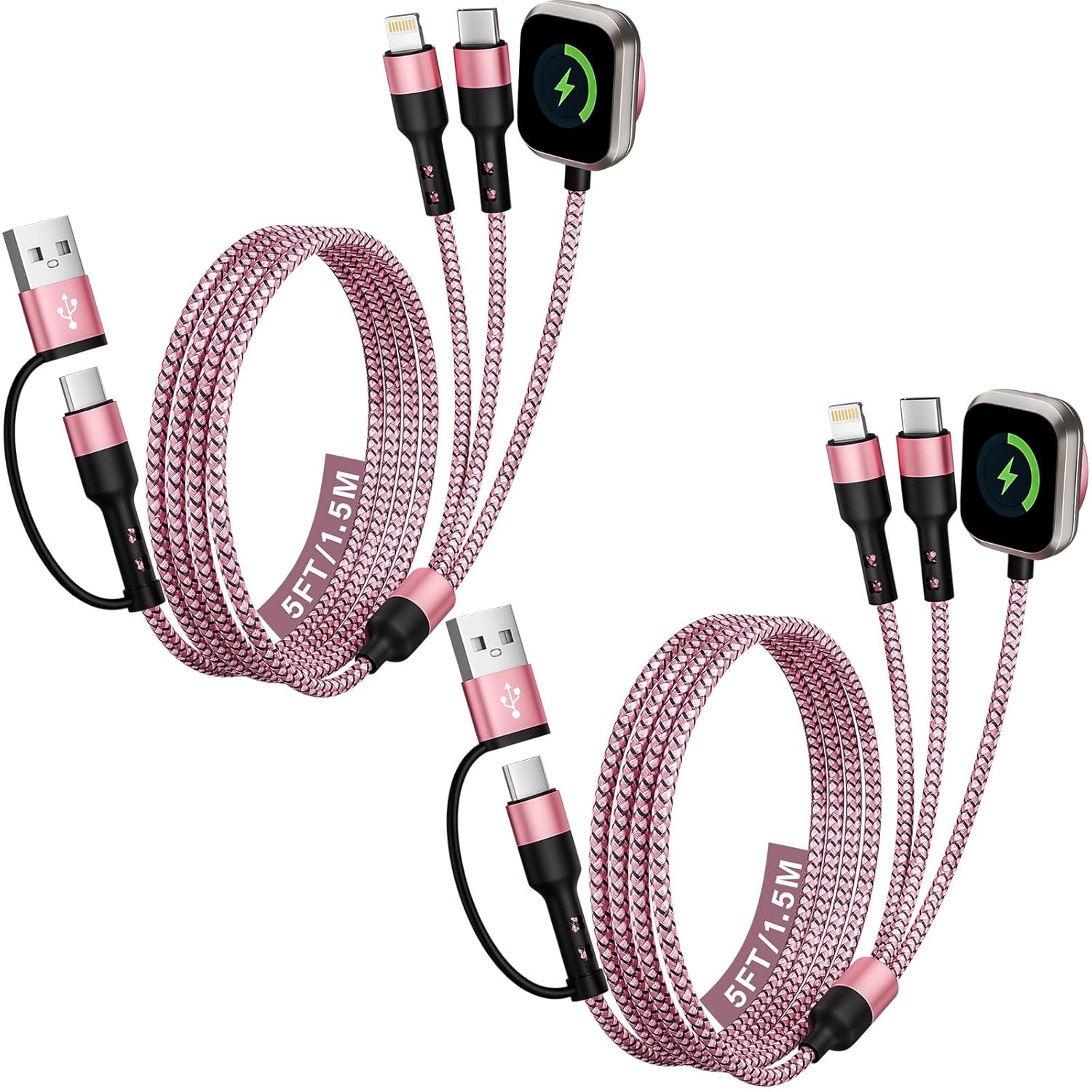Cruise Travel Essentials, 2Pack 3 in 2 USB A/C Cable to iPhone 17 Charger/iWatch Charger/IP, Multi Charging Cable, Multi Charger Cable for iWatch Series & iPhone 17-11/iPad-5FT Black/Pink Braided