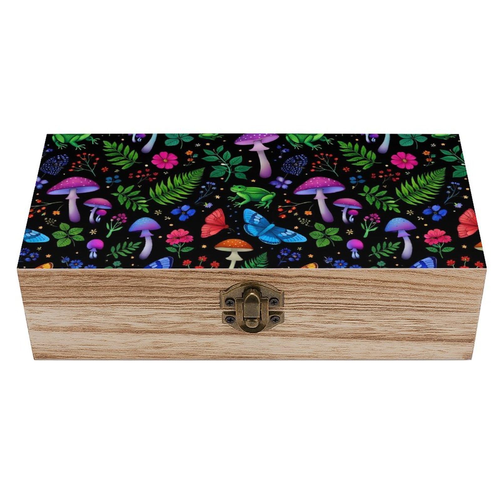 SMAZDFXX Goth Witch Moon Frogs Moth Mushroom Leaves Wooden Storage Box With Hinged Lid Decorative Front Clasp Keepsake Boxes