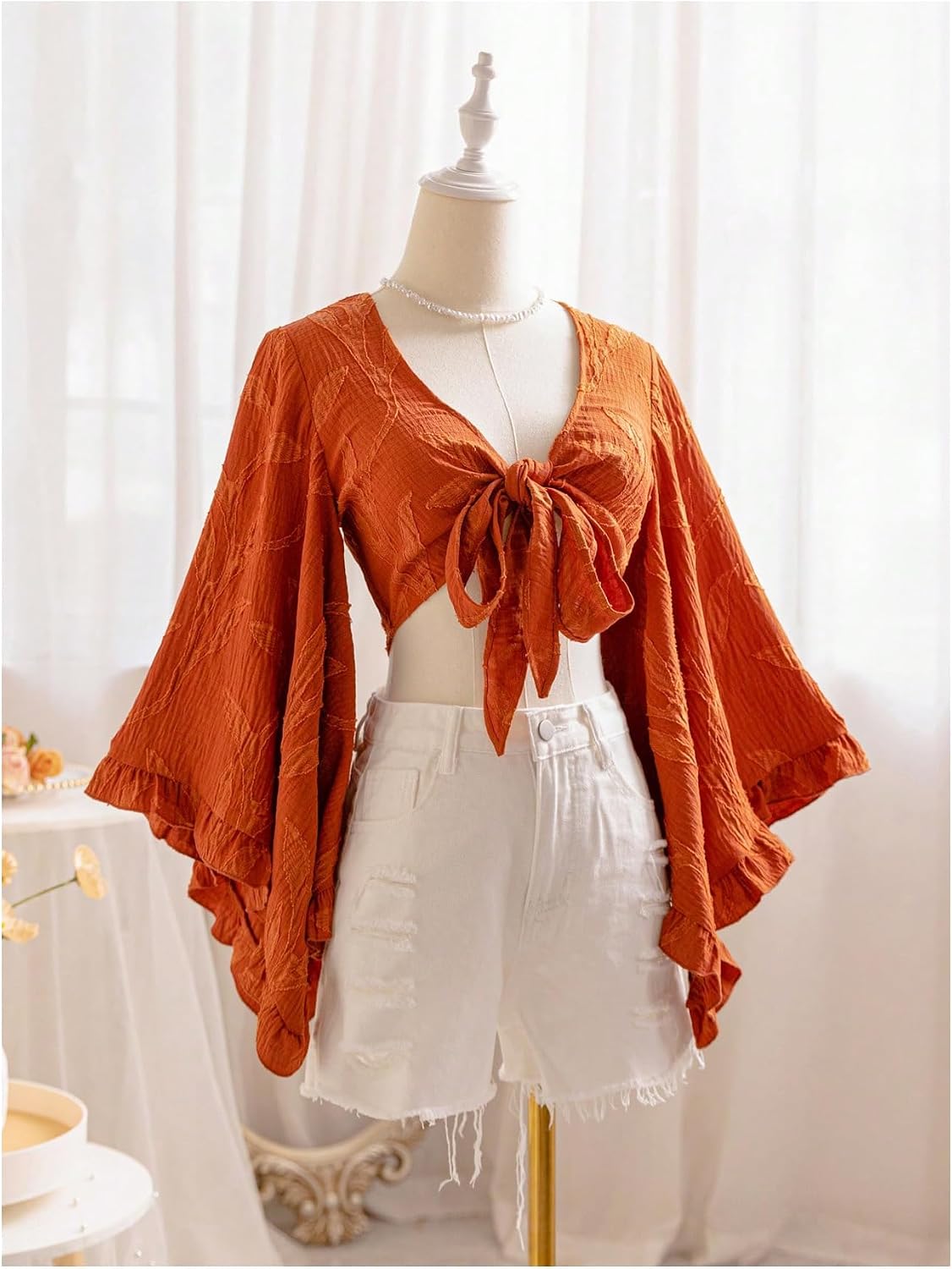 BEAUDRM Women's Boho Tops Wrap Western Country Concert 70s Outfits Tie Front Long Bell Sleeve Tops Hippie Disco Clothes