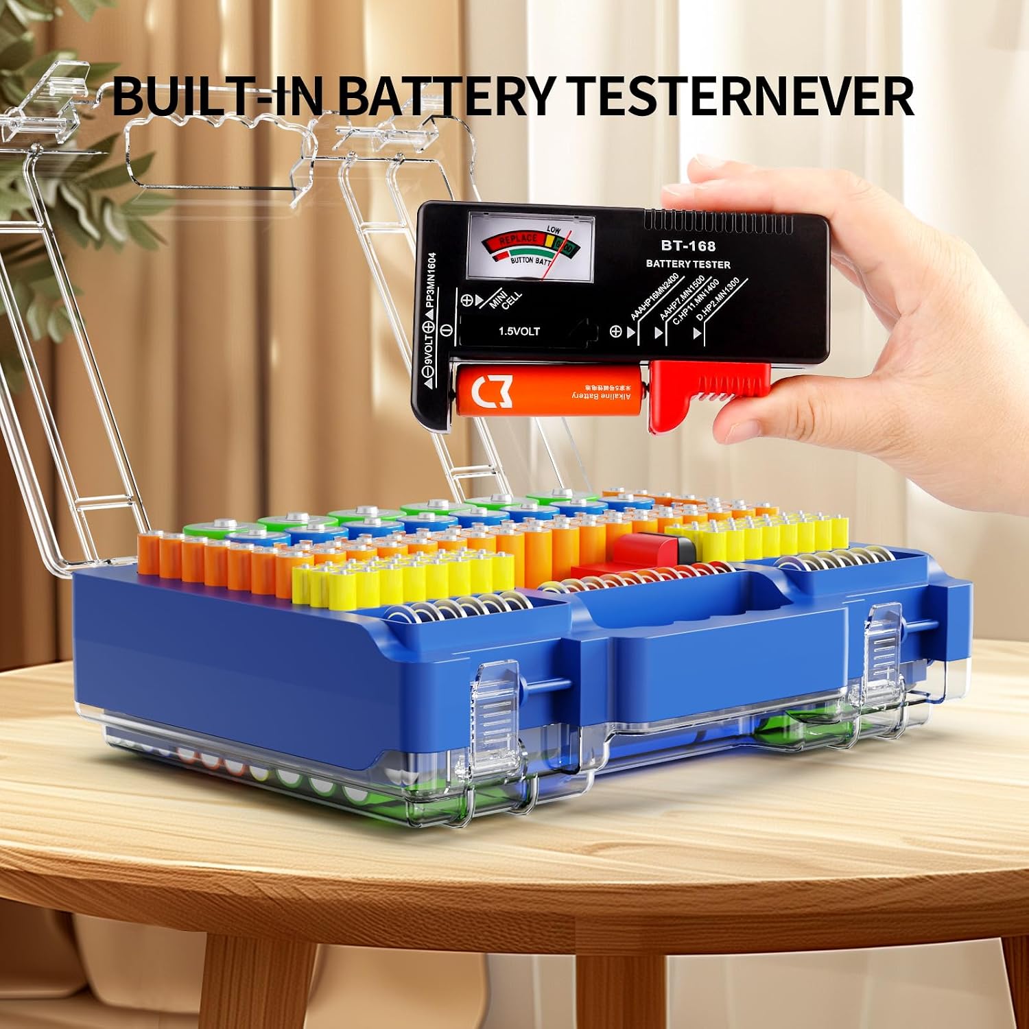 Molutsody Battery Organizer Storage Holder Box Case with Tester, Stores & Protects Up to 260 Batteries, Double-Clear Locking Lid, Holds AA AAA C D and More (Blue)