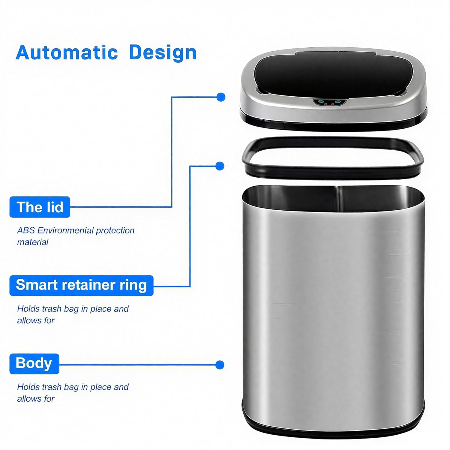 Bigacc 13 Gallon Automatic Motion Sensor Kitchen Trash Can with lid, 50L Large Capacity - Stainless Steel, Silent Close, Ideal for Home&Bathroom&Bedroom, Stainless Steel