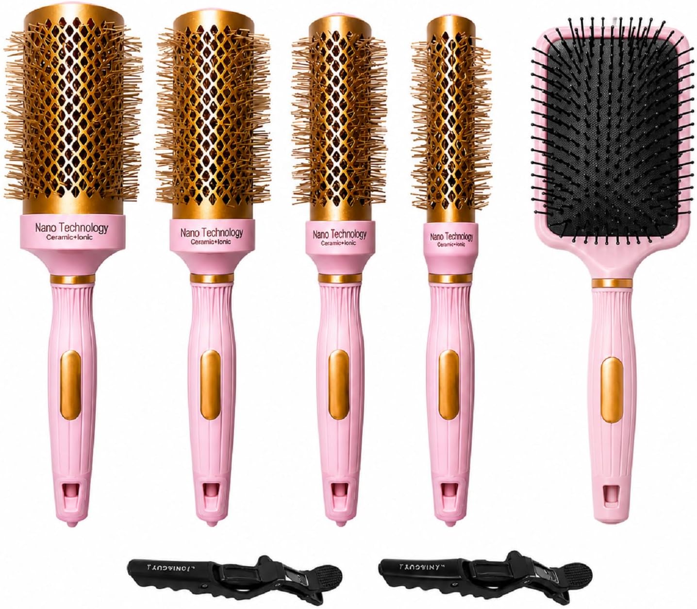 5pcs Round Brush Set for Blow Drying with Paddle Brush, 4 Thermal Barrel Sizes for Blow Dry Styling, Volume, Curling, Smoothing & Detangling, Includes 2 Clips