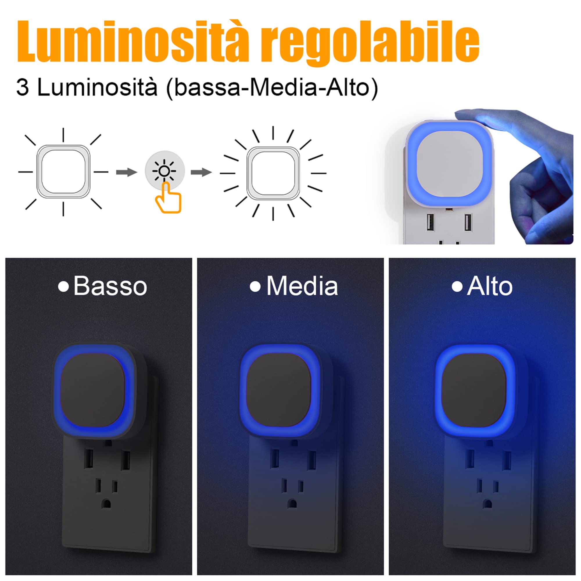 YUNLEX Presa di Luce Notturna con Sensore Crepuscolare, 3 livelli di luminosità regolabile per Camera dei Bambini, Bagno, Corridoio, Cucina, Scale, Blu