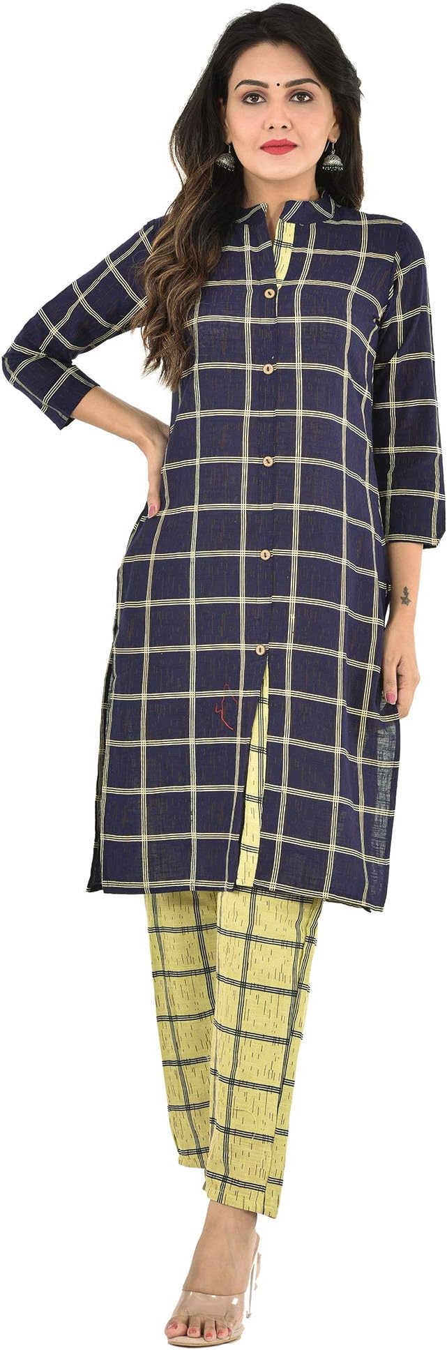 YOUTHQUAKE Jaipuri Cotton Checks Kurta Pant Set for Women's & Girls