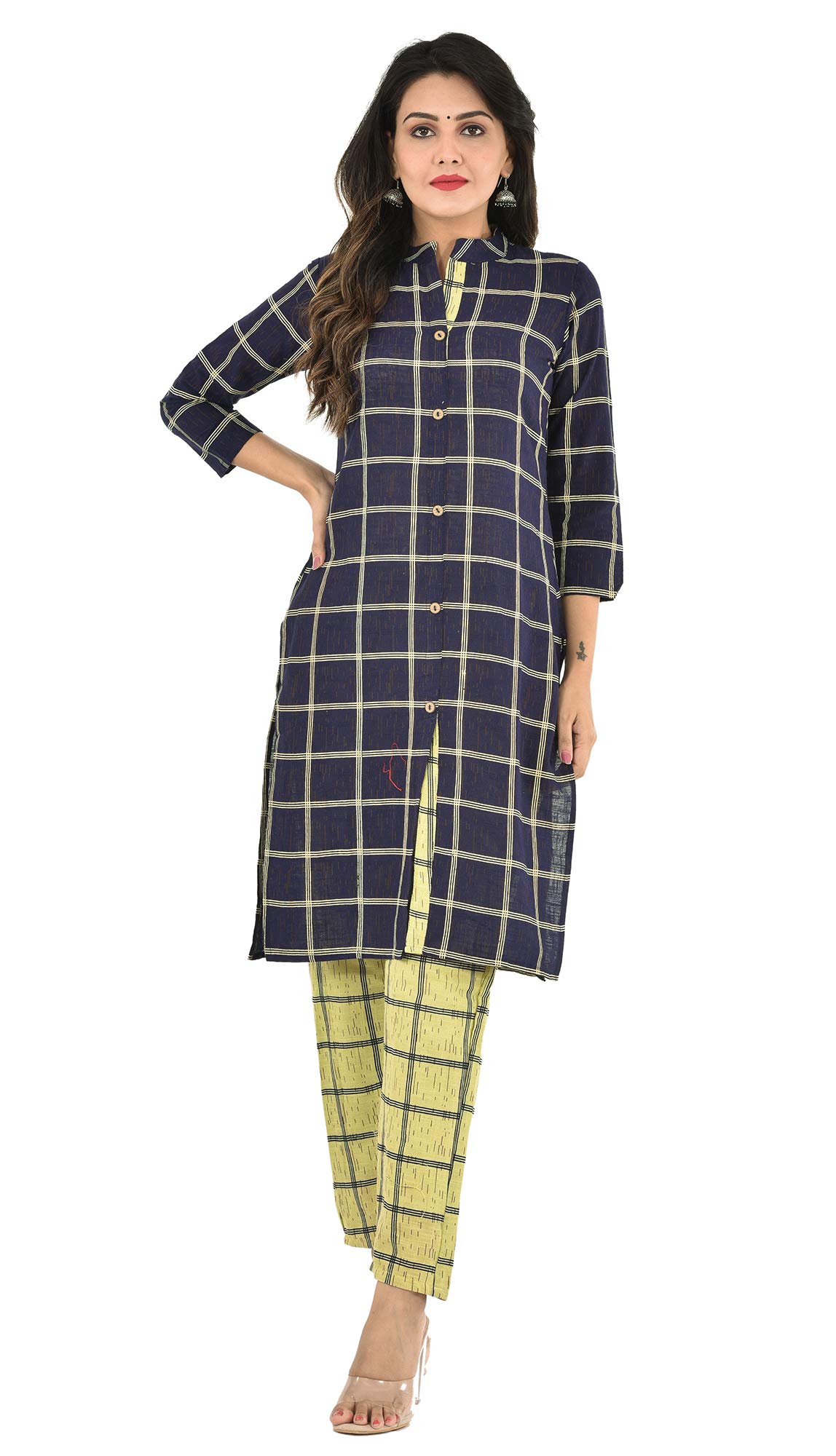 YOUTHQUAKE Jaipuri Cotton Checks Kurta Pant Set for Women's & Girls