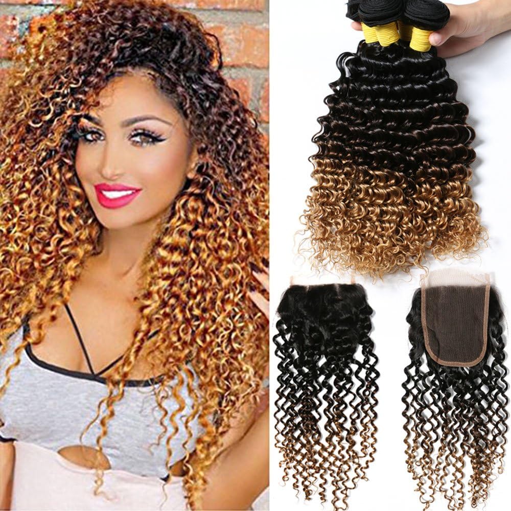 Hairitory Hair Peruvian Kinky Curly Virgin Hair With Closure Ombre 3 Bundles Deep Wave Human Hair Weave With Lace Closure # 1b 4 27 (20with22 24 26, 1B/4/27)