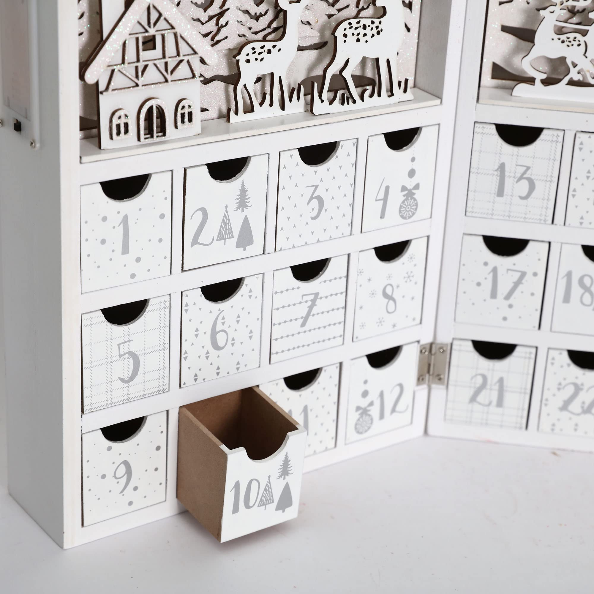 PE Weihnachten Holz Adventskalender Buch mit Schubladen und LED, Wiederverwendbarer Weihnachts-Countdown Holz-Adventskalender mit Dorfwald Rentier-Szene Erwachsene Kinder (Weiß & Gold)