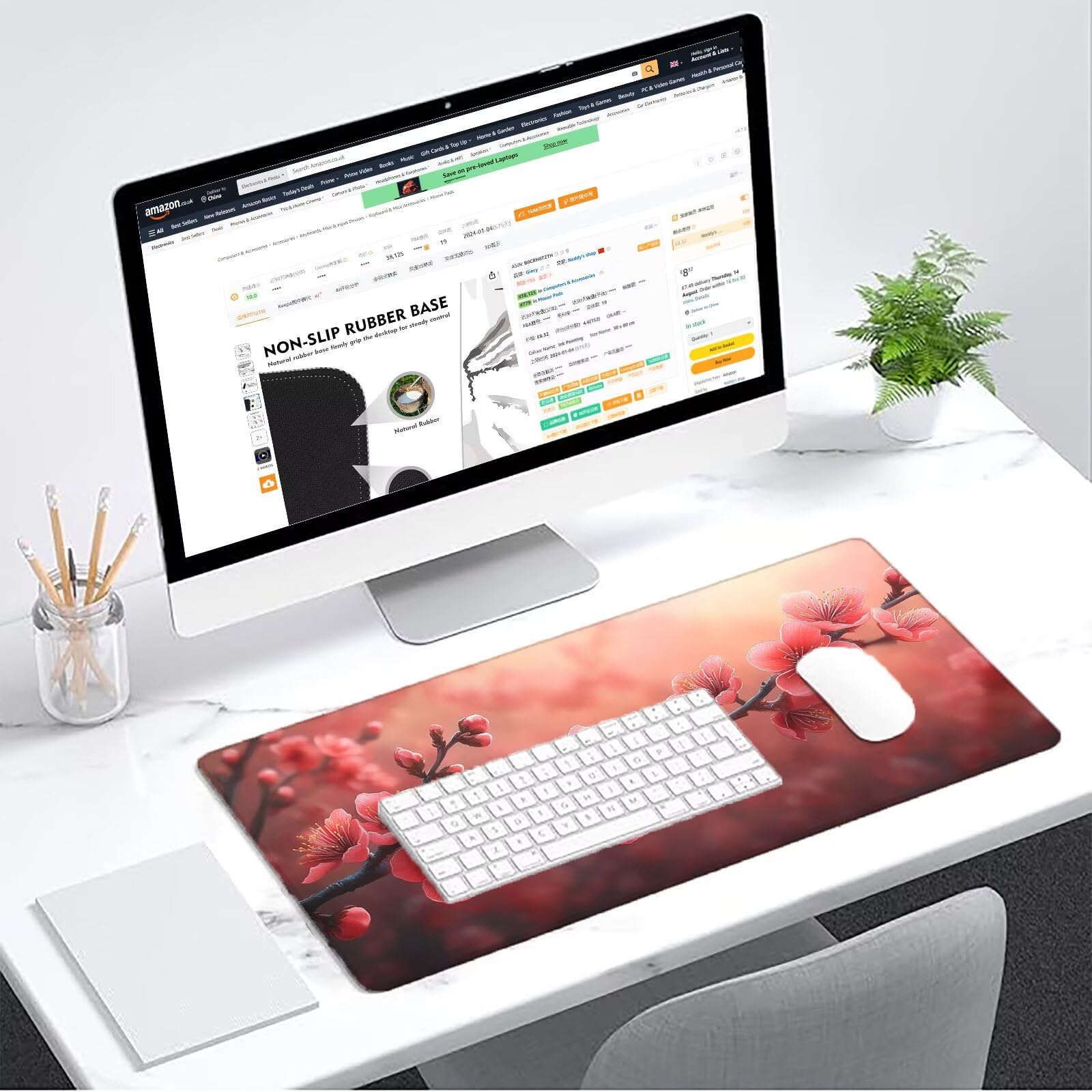 Różowa podkładka pod mysz dla graczy XXL 1400 x 700 mm mata biurkowa podkładka pod mysz kwiaty wodoodporna akcesoria biurowe do gier szyte krawędzie poprawia precyzję i szybkość najlepszy wybór gier
