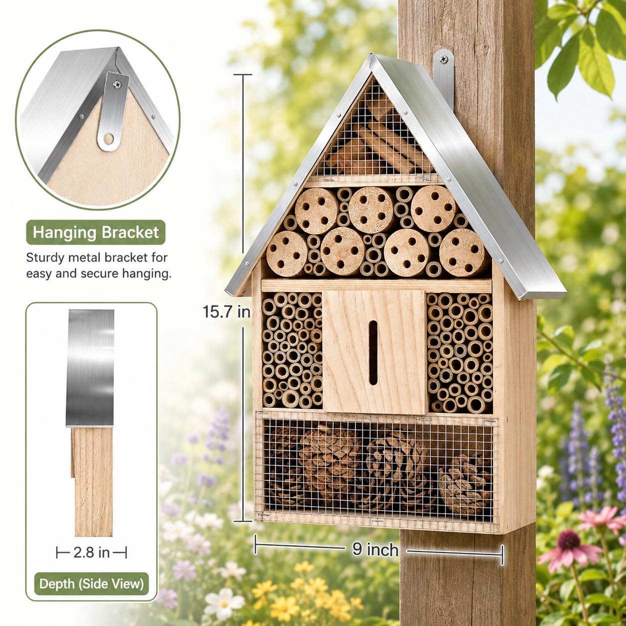 Holz-Maurer-Insekten-Bienen-Schmetterlingshaus, Insektenhotel, EIN Outdoor-Lebensraum aus Bambus für Biene, Schmetterling, Marienkäfer, Schmetterlings-Lebensraum für Garten, 22.9x39.7x6.3 cm