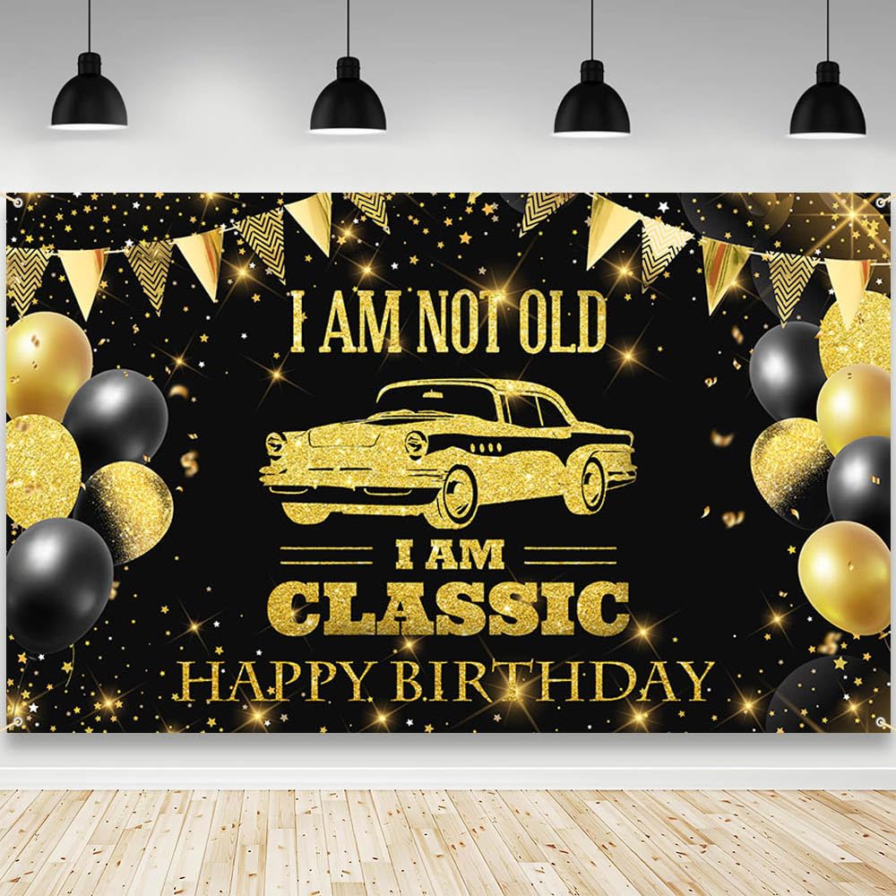 AIBIIN Black Gold Birthday Backdrop for Men I'm Not Old I'm Classic Photography Background Classic Car Birthday Party Decorations Banner Photo Studio