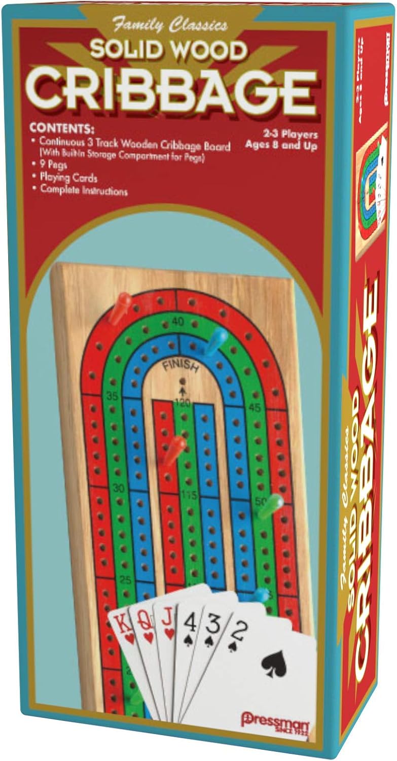 Family Classics Cribbage - Solid Wood Continuous 3 Track Board with Built-In Storage Compartment for Pegs