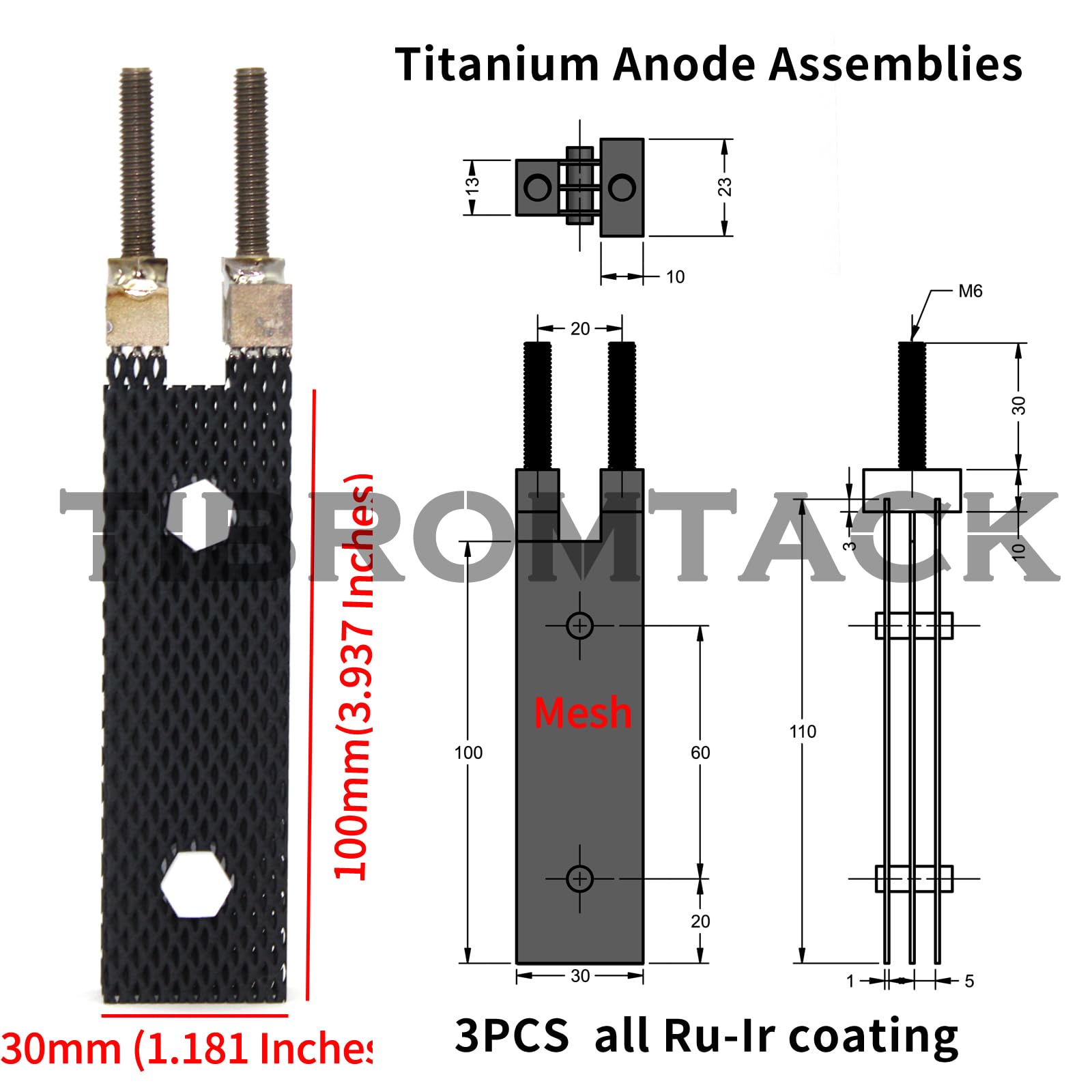 1 jeu d'anodes en titane composé de 3 pièces revêtues de ruthénium-iridium, pour le traitement des eaux usées et le générateur de chlore salin remplaçant l'électrode en titane cellulaire