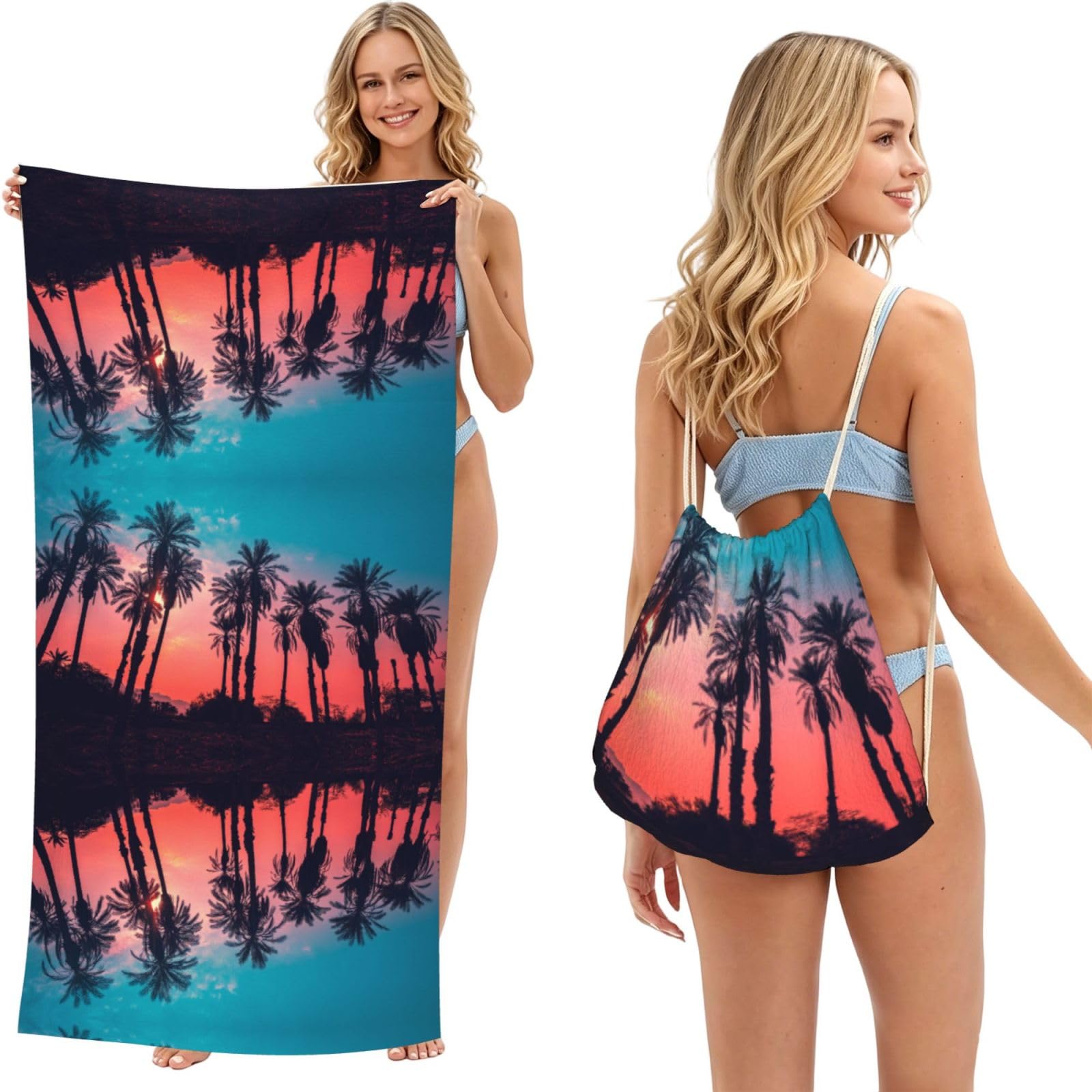 ESNAIUVCD Palm Tree Sunset Print Beach Towel For Adults,Towel With Drawstring Bag, Travel Pool Swimming Sports Shower Sand Free Quick Dry Bath Towel For Pool, Beach, Yoga- 180x60cm