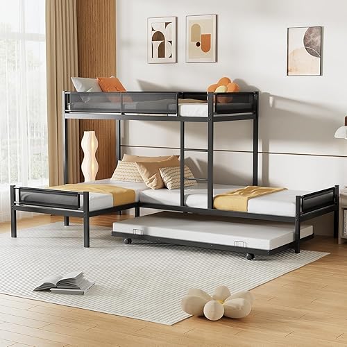 L-Shape Metal Triple Bunk Bed with Trundle 4 Kids,Teens,Adults Bedroom,Metal Bunk Bed with Guardrail & Ladder, No Box Spring Needed,Black