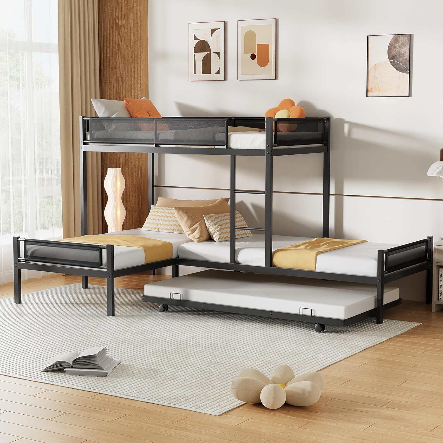 Photo 1 of ** SELLING FOR PARTS AS PARTIAL SET ONE BOX OF TWO**PVWIIK L-Shape Metal Triple Bunk Bed with Trundle 4 Kids,Teens,Adults Bedroom,Metal Bunk Bed with Guardrail & Ladder, No Box Spring Needed,Black