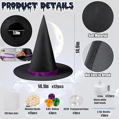 Miniatura 5 de Decoraciones de sombreros de bruja colgantes de Halloween, 12 sombreros de bruja negros con luces, sombreros de bruja flotantes con 28 murciélagos