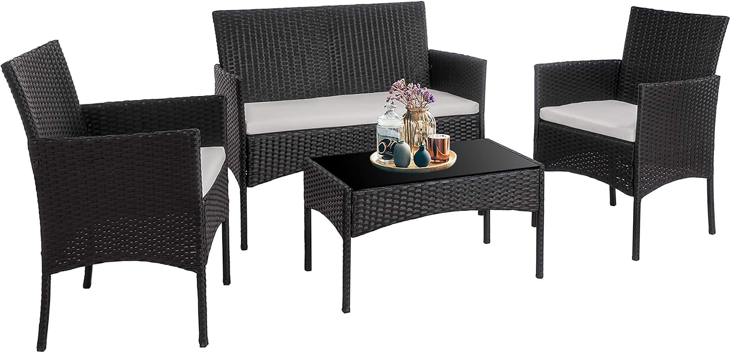 Walsunny 4 Pieces Outdoor Patio Furniture Sets Rattan Chair Wicker Set,Outdoor Indoor Use Backyard Porch Garden Poolside Balcony Furniture (Black)