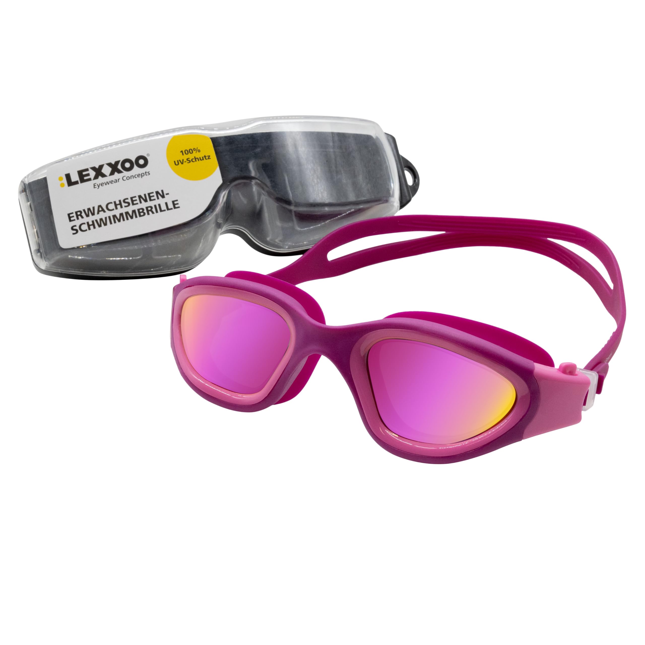 LEXXOO Swimming Goggles with Polarising Coating and UV Protection, Waterproof Anti-Fog Swimming Goggles for Men and Women, with Practical Push Button System and Large Field of View, Pink/Pink