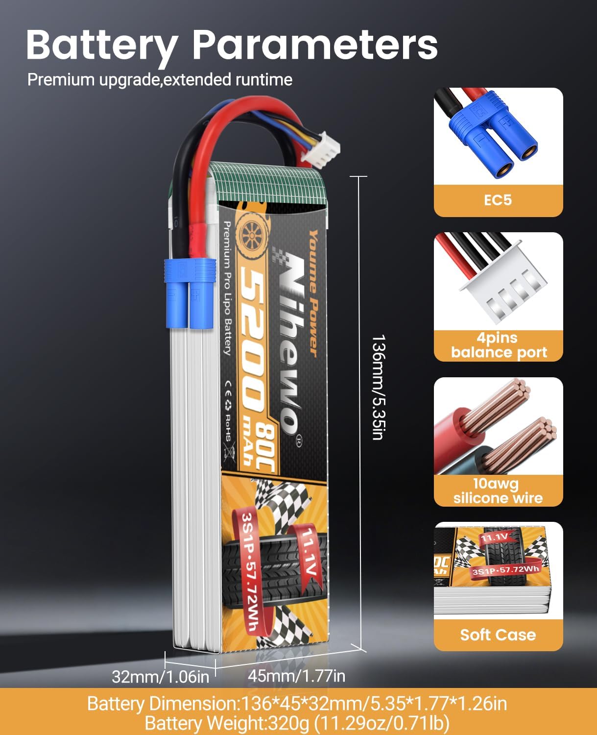 3S Lipo Battery 5200mAh 11.1V RC Battery 80C Soft Case with EC5 Connector Compatible with 1/8 1/10 RC Car Truck Truggy Boat Airplane Helicopter(2 Packs)