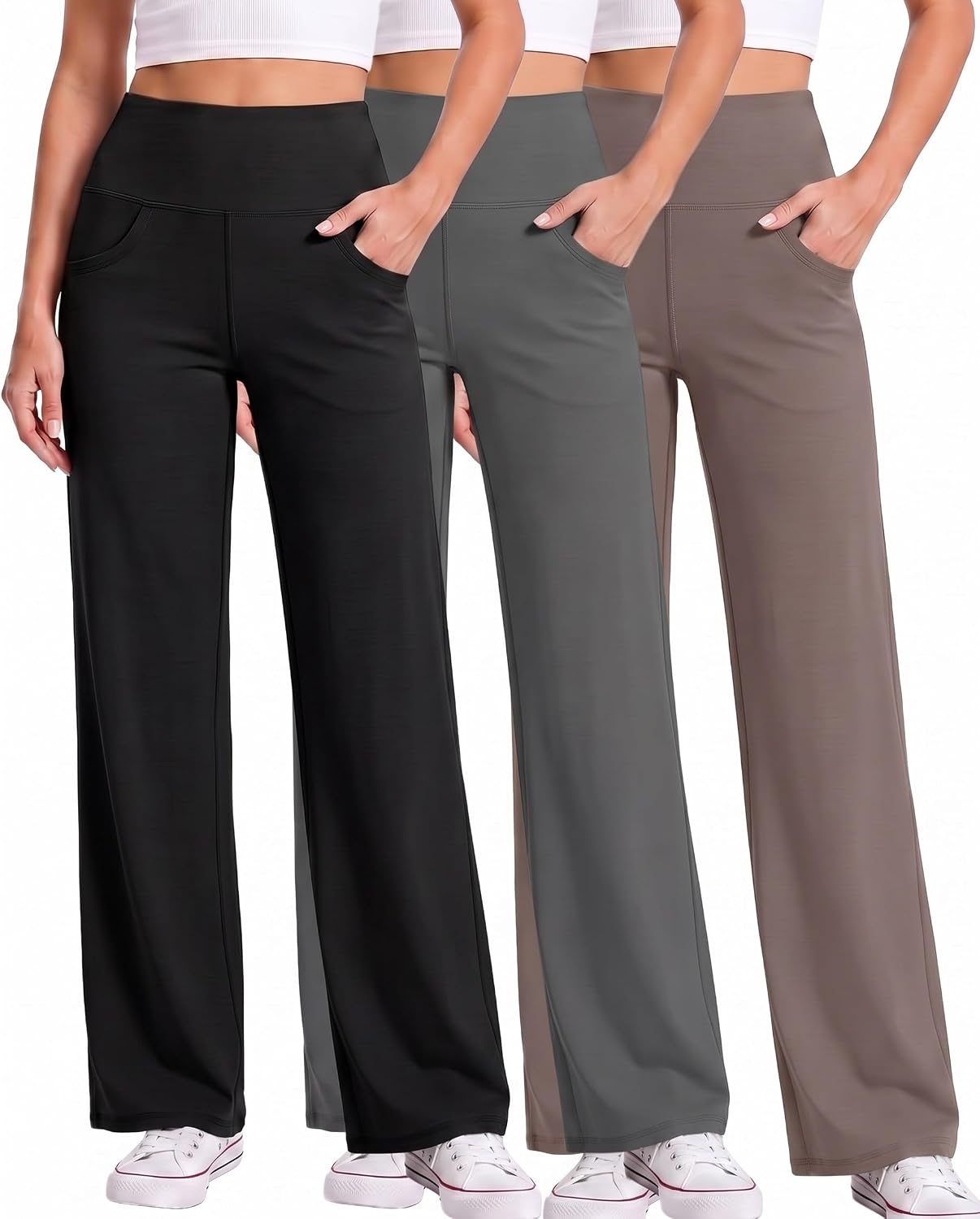 Coume 3 Pack Women's Wide Leg Pants Casual Loose Yoga Pants High Waist Lounge Sweatpants Stretch Workout with Pockets