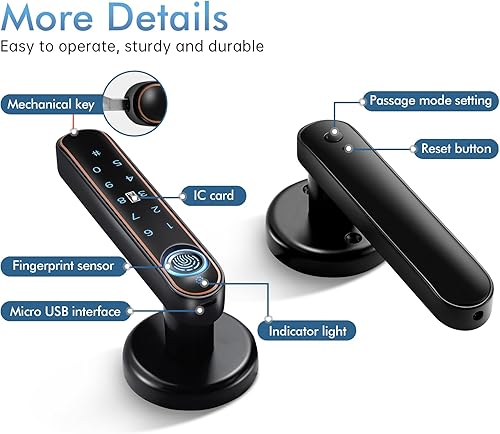 Miniatura 9 de Pulido Pomo de puerta de huellas dactilares, perilla de puerta inteligente 5 en 1 de función completa, cerradura de puerta de huellas dactilares