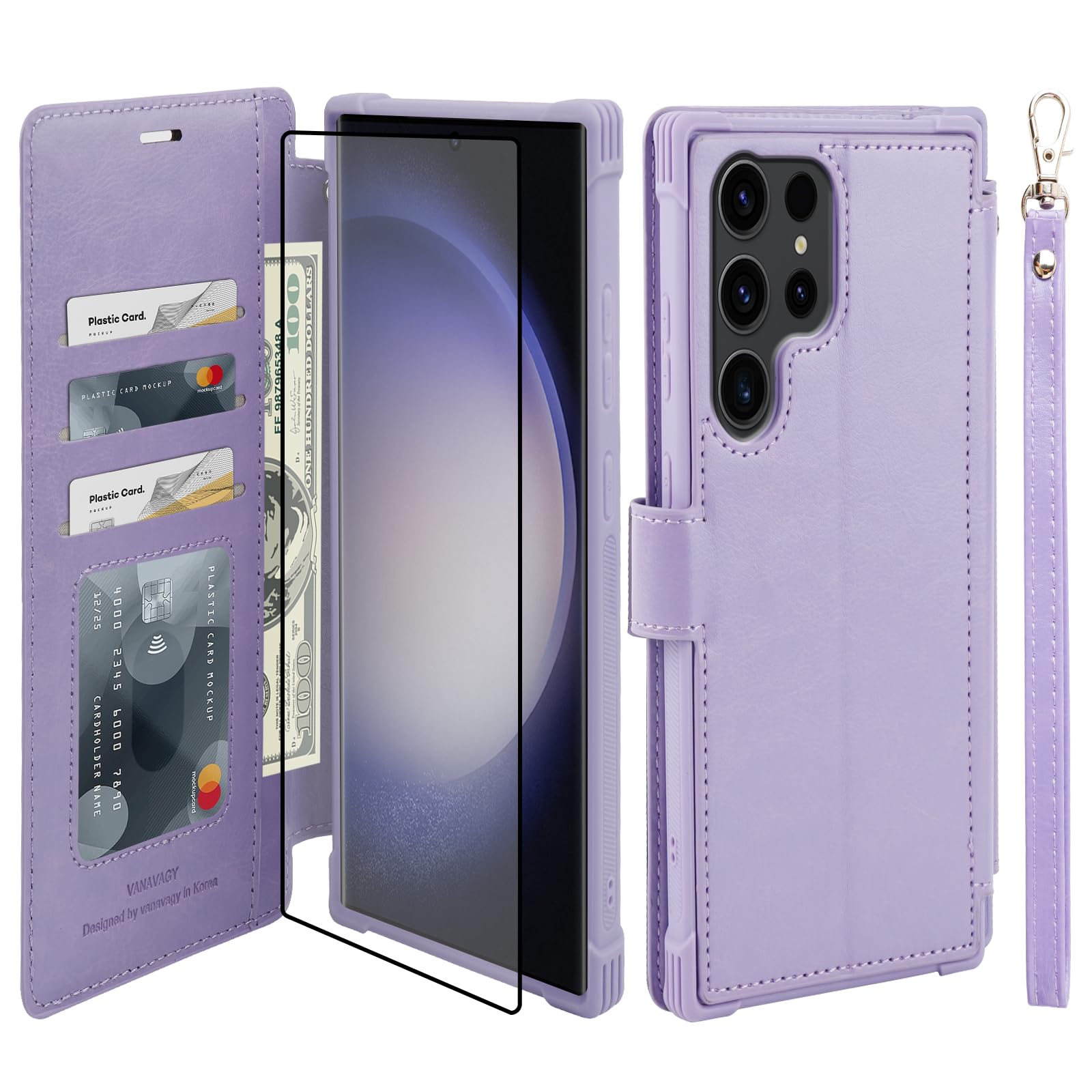 VANAVAGY Compatible for Galaxy S23 Ultra Wallet Case for Women Men, PU Leather Flip Cover with Wrist Strap for Wireless Charging with RFID Blocking
