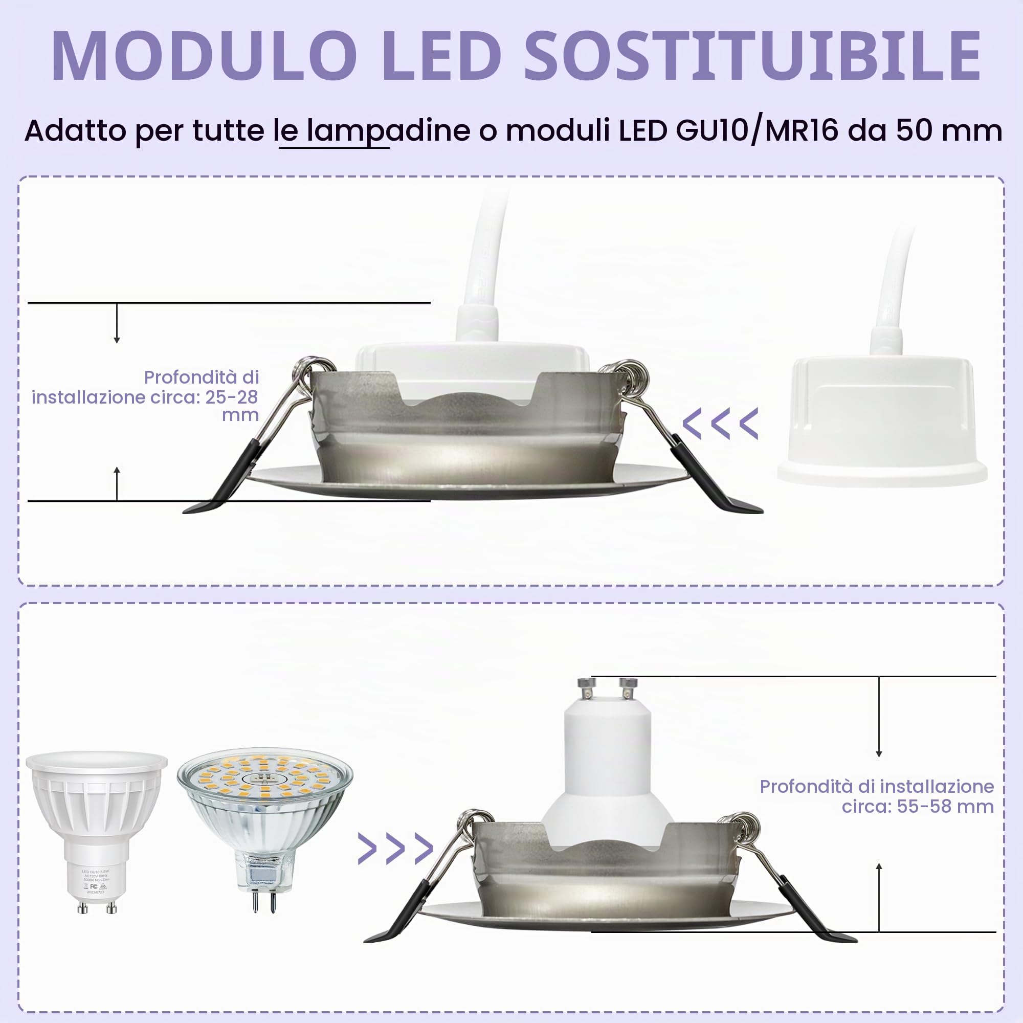 Faretti LED da Incasso per Cartongesso Dimmerabile 230V, 5.5W 600LM IP44 Faretto Incasso Ultra Piatti 68mm, Caldo/Neutro/Freddo Faretti LED Soffitto Ruotabile a 45° per Bagno, Set di 6 Nichel