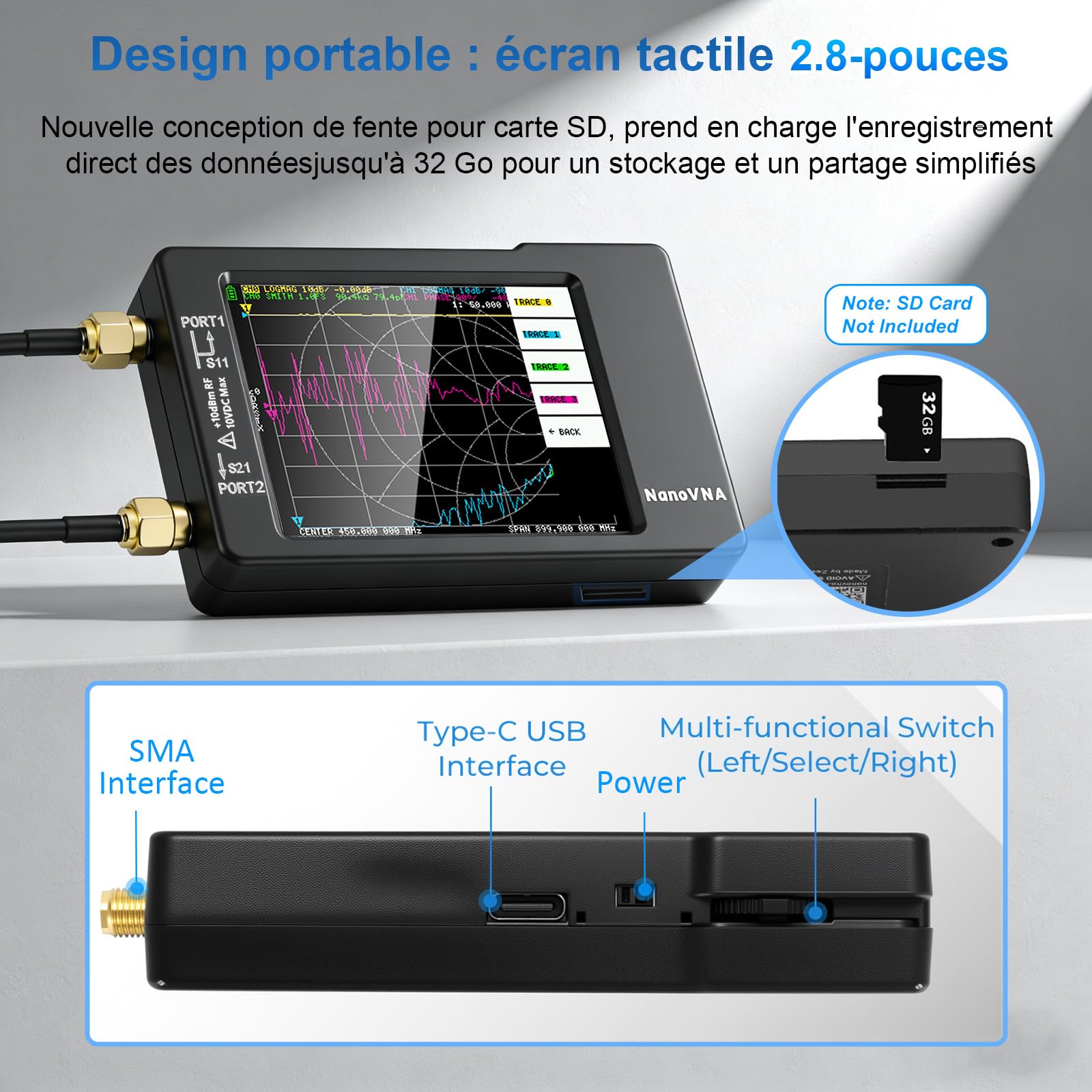 AURSINC Nanovna-H Analyseur réseau vectoriel 10 kHz - 1,5 GHz HF VHF UHF Analyseur d'antenne Mesure des paramètres S, Rapport d'onde Stationnaire de Tension, Retard, Table de Smith Version REV3.7