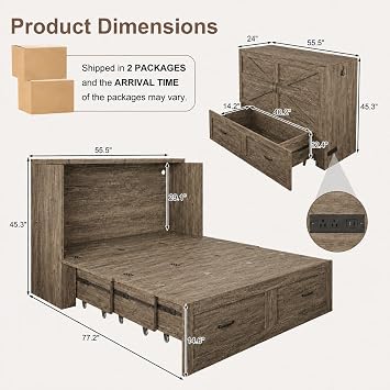 KCGKCG Murphy Bed with Storage & Charging Station, Murphy Cabinet Bed with Large Drawer for Guest Bedroom, Living Room, Office or Small Room, Full Foldable Platform Bed (Grey, Full)