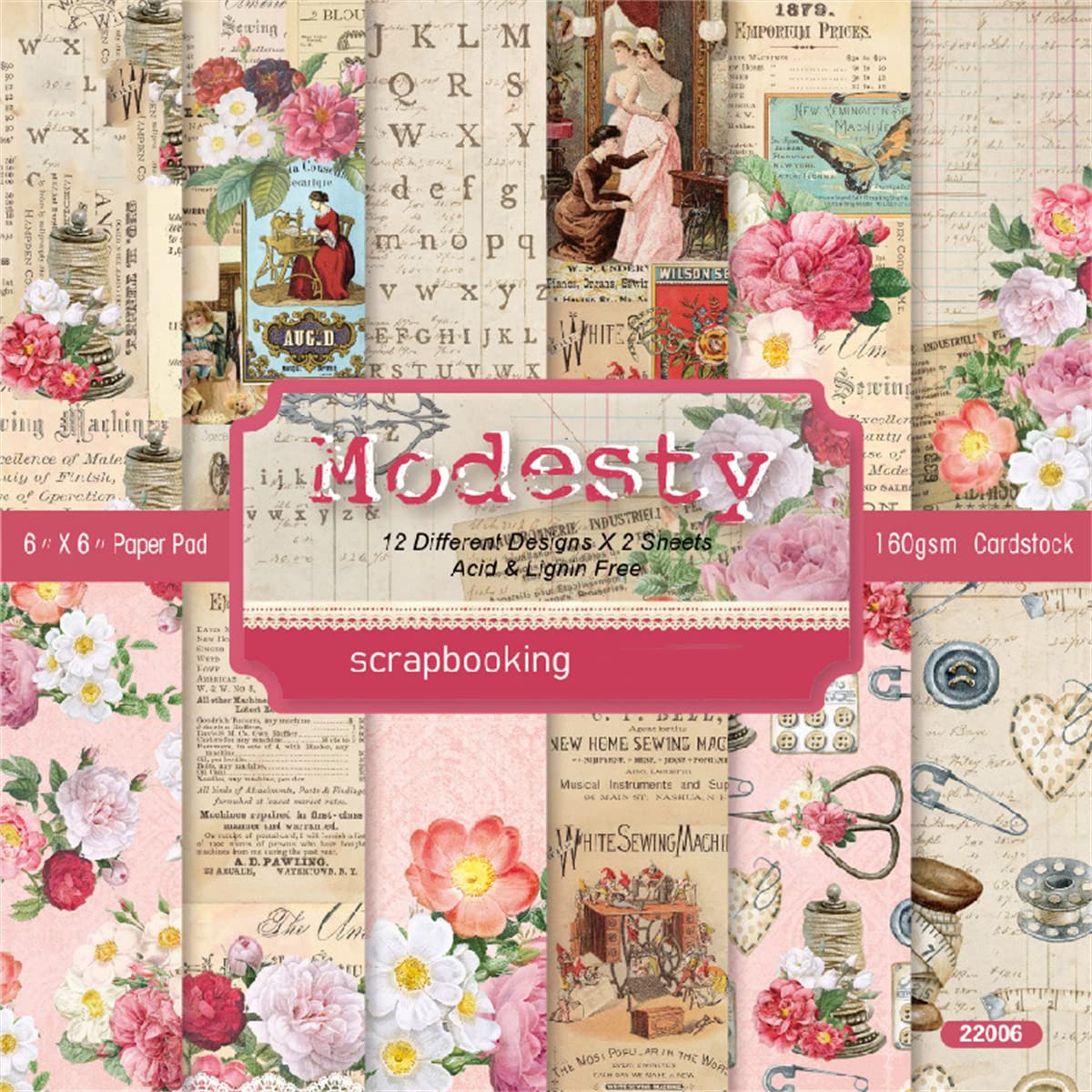 Verve Jelly 24 Sheets 6"x6" Scrapbook Paper Single-Side Lovely Card Vintage Flower Decorative Craft Making Paper Pack DIY Photo Frame Background Decoration