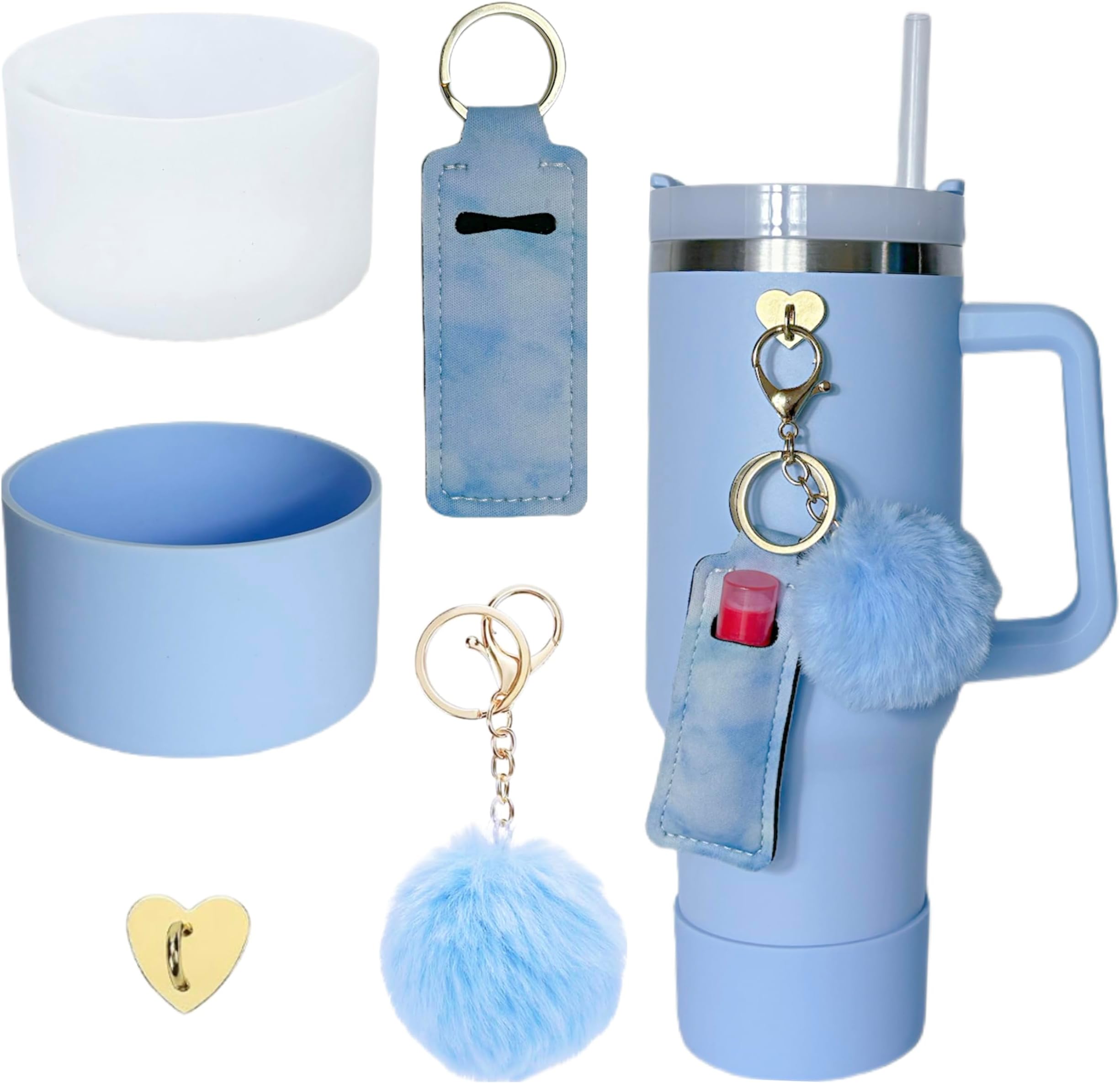 Accessories for Stanley Cup,2 Silicone Boots for Stanley 40oz Tumbler,1 Charms Hook,1 Lip Balms Holder Bag,1 Pompom Ball(Blue,Transparent)