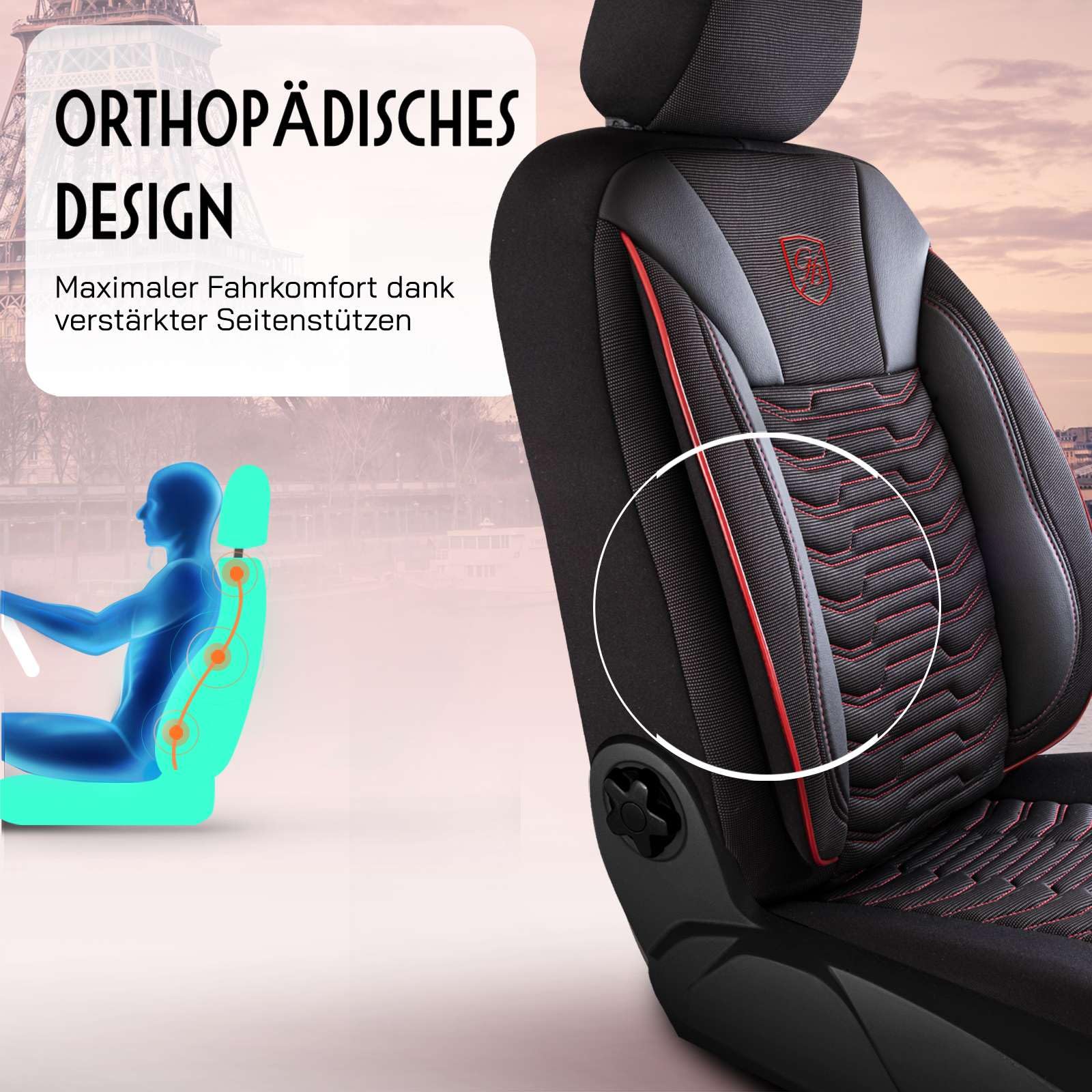 Autositzbezüge Universal für PKW & SUV – Premium Vordersitze Auto Sitzbezug aus Piqué-Stoff, Schwarz-Rot, Airbag-Kompatibel Sitzauflage, Autoschonbezug, Komplett Set inkl. Montageset
