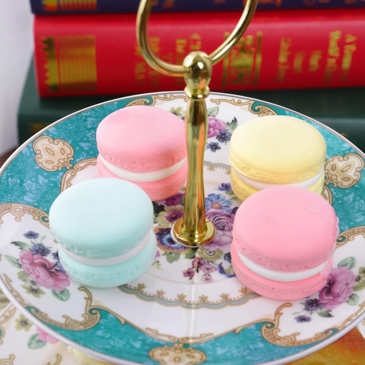 fanquare 10 Inch Floral Porcelain Cake Stand, Vintage Dessert Plate with Gold Trim, Blue Tea Cake Stand (Blue, three-tier)