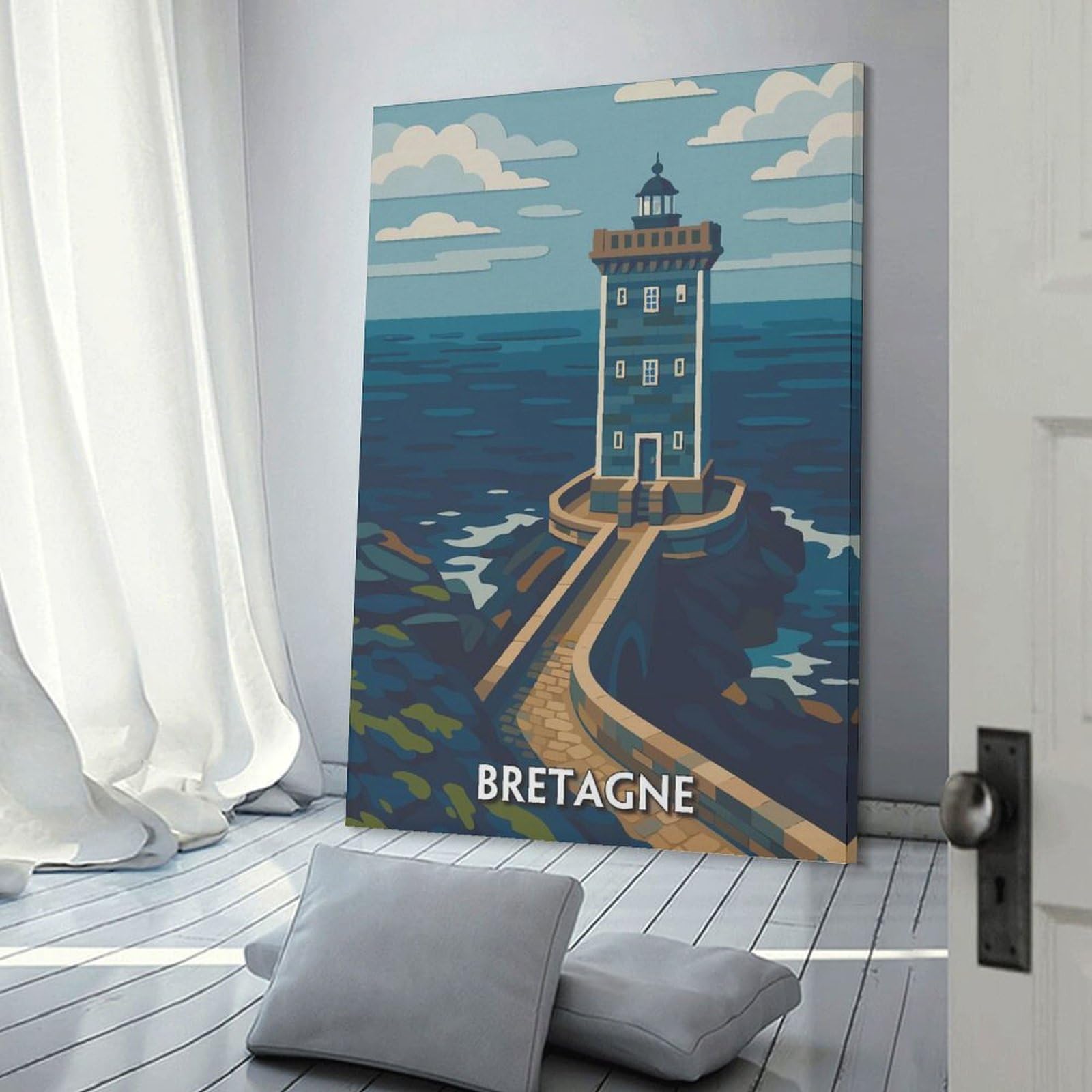 Junmoney Brittany Lighthouse Coastal Scene Canvas Art Print, 16x24inch(40x60cm), for Bedroom, Lounge Or Dressing Area, Canvas Wall Decor for Personal Spaces
