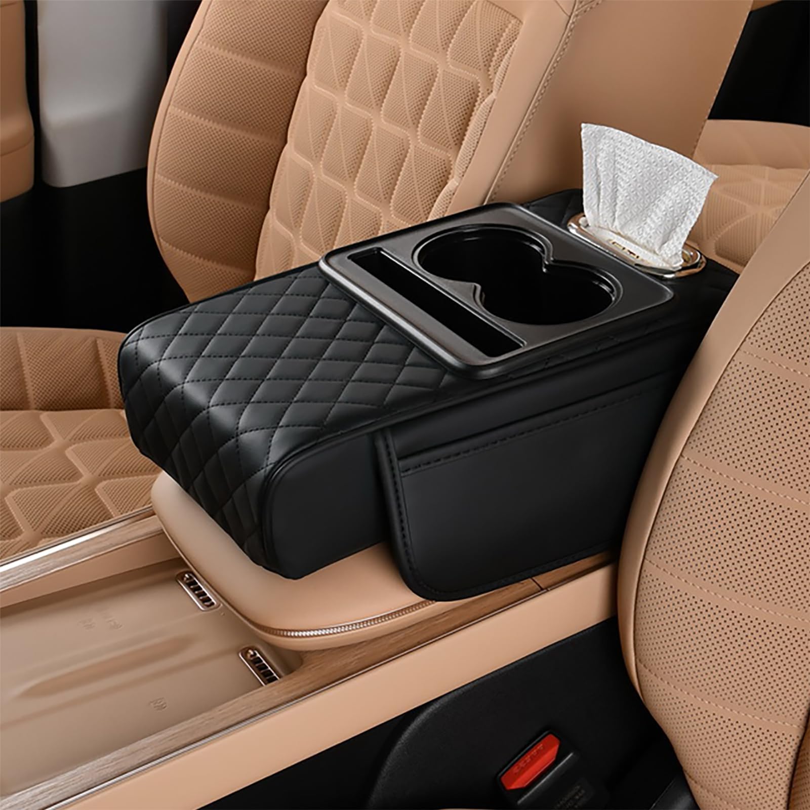 Car Center Console Cover for Toyota Hilux Double Cab 2001-2025, Microfiber Leather Armrest Cushion 5-in-1 Center Console Cover with 2 Storage Bags Cup Holder Tissue Box Interior Accessories