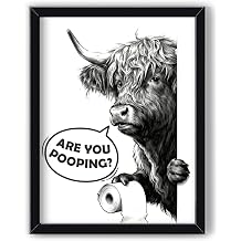 MSJGA Funny Highland Cow Bathroom Decor - Are You Pooping? Sign, Rustic Farmhouse Wall Art with Cute Animal Canvas Art for Restroom - Black Framed Cow Pictures Wall Decor Ready to Hang 12"x15"