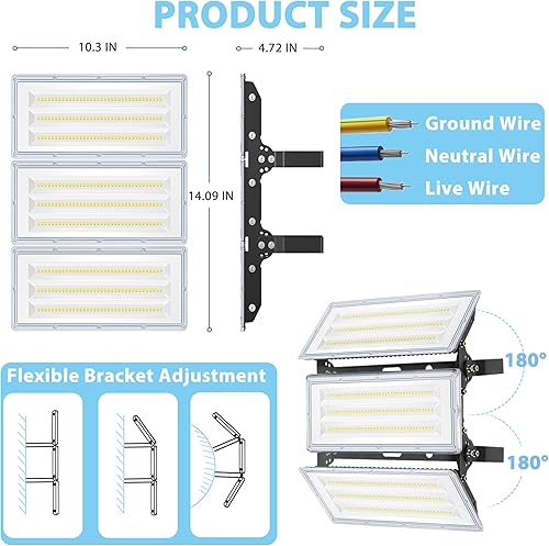 Miniatura 4 de Paquete de 2 luces de inundación LED de 300 W para exteriores, 3000 lm para estadios al aire libre, 7000 K, ángulo de iluminación ajustable de 3