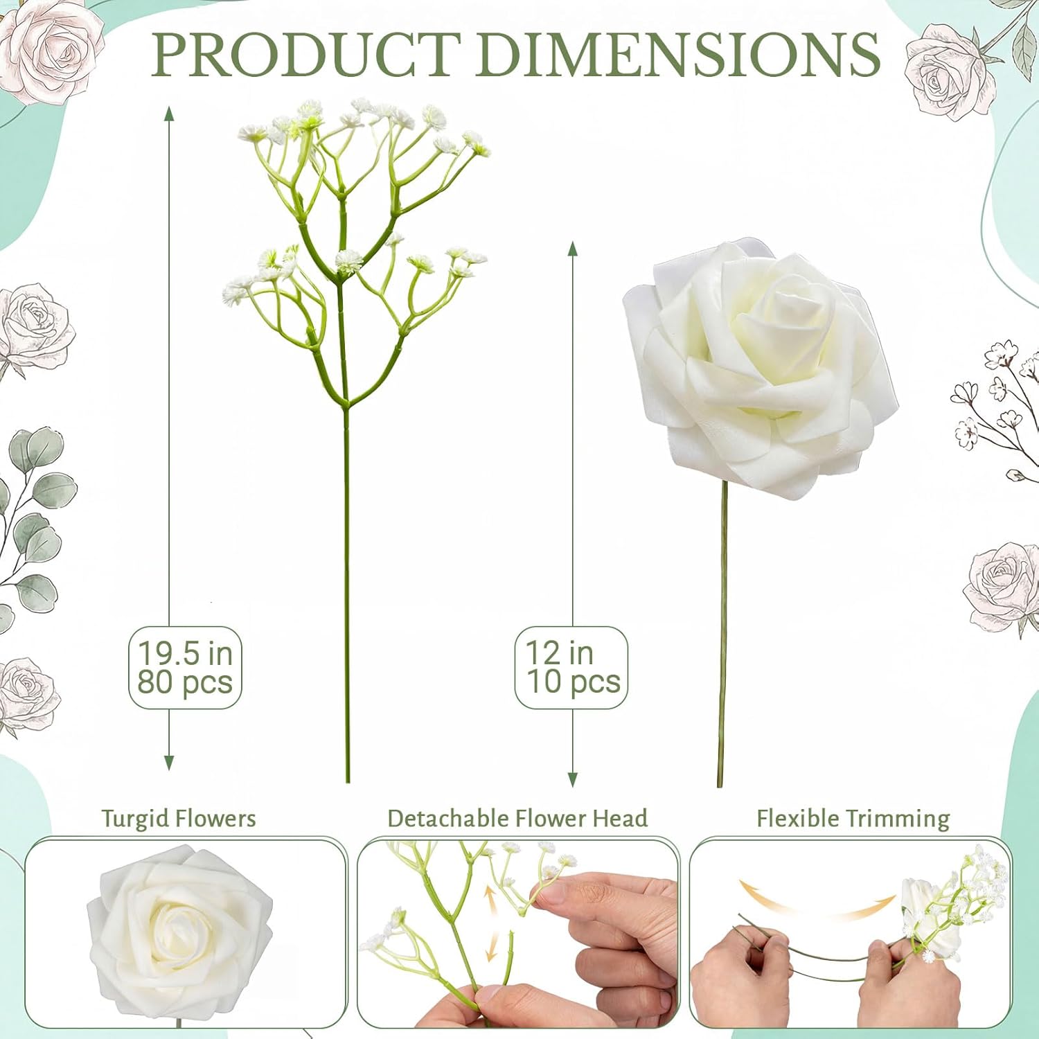 90Pcs Babys Breath Artificial Flowers Mixed with White Roses with Stems, Real Looking Ivory Roses & White Gypsophila Bouquet for Wedding Centerpieces Bridal Shower Vase Home & Outdoor Decor