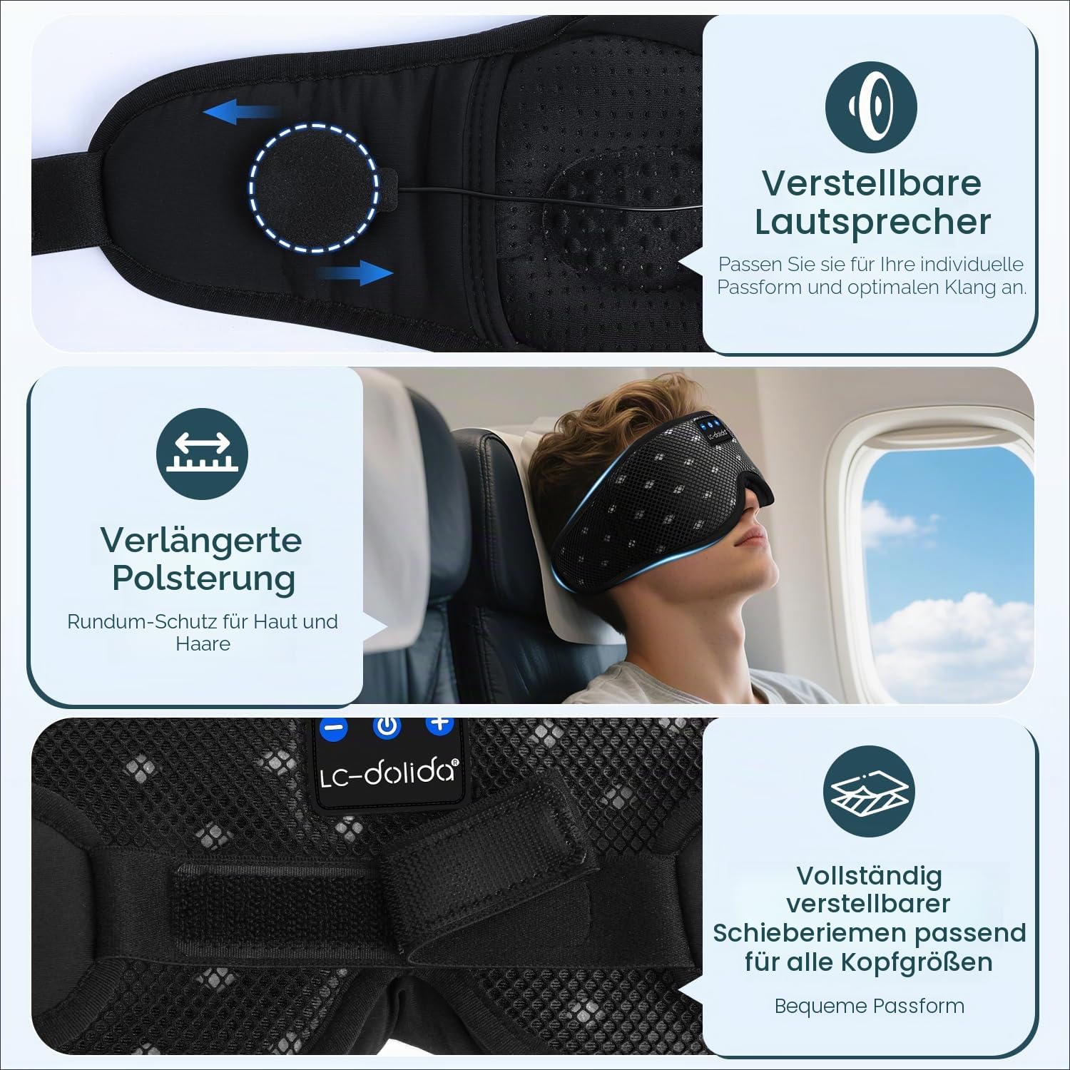 LC-dolida Schlafmaske mit Kopfhörer Bluetooth V5.4, Ultraweiche 3D Schlafkopfhörer Kopfhörer zum Schlafen für Frauen Herren,Augenmaske Schlafbrille mit Mikrofon für Reisen/Nickerchen/Yoga/Meditation