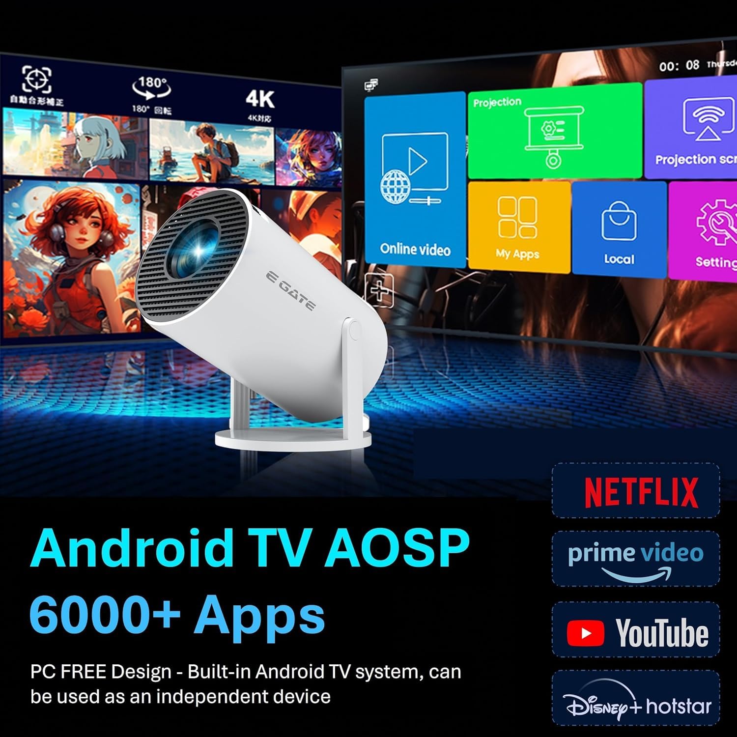 E GATE Atom 2X Smart Android Projector