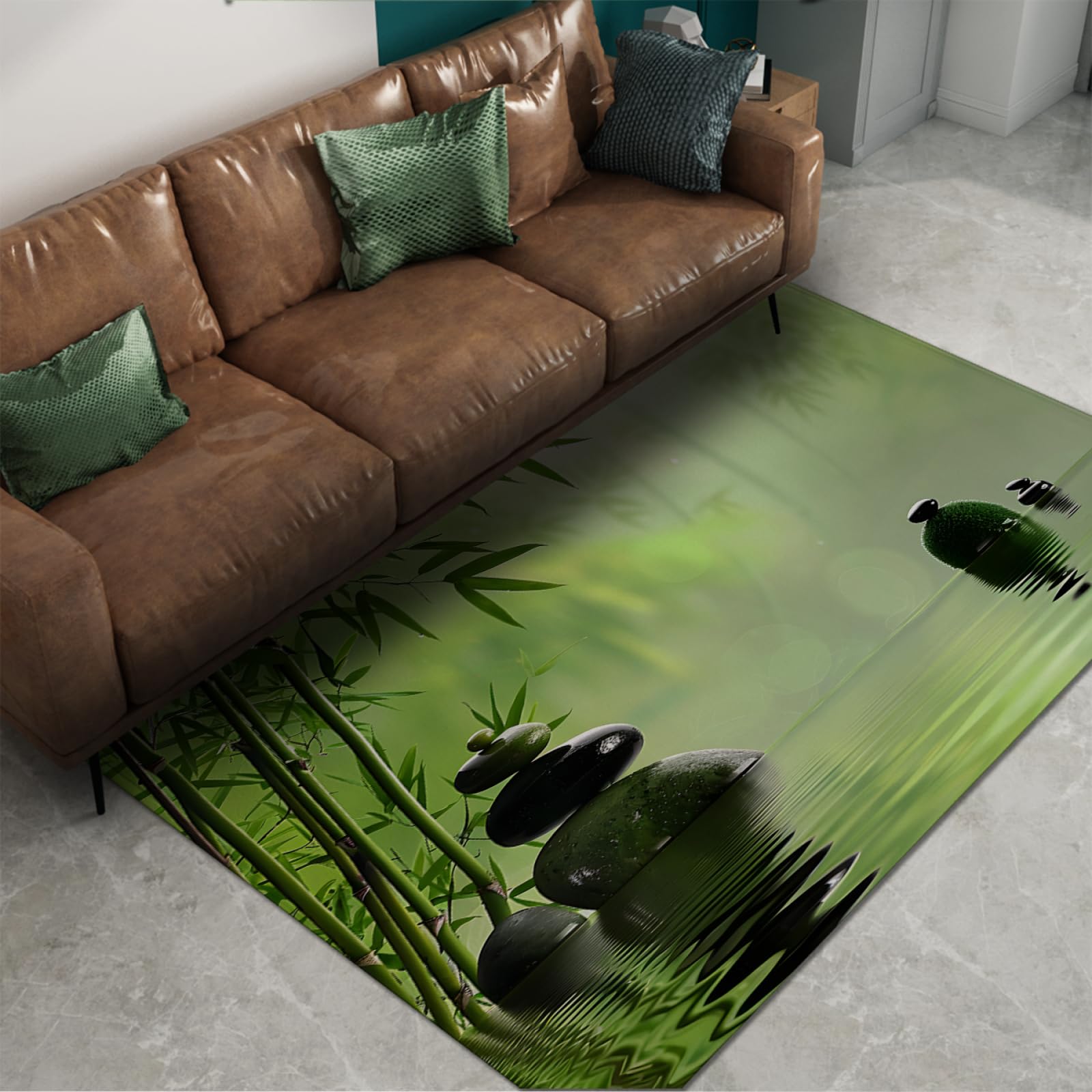 Tapis imprimé Plantes Vertes et Pierre Thème Relaxant Tapis Doux et Confortable pour la méditation Salle de Spa et Coin Salon Tapis de Sol antidérapant 120x200cm