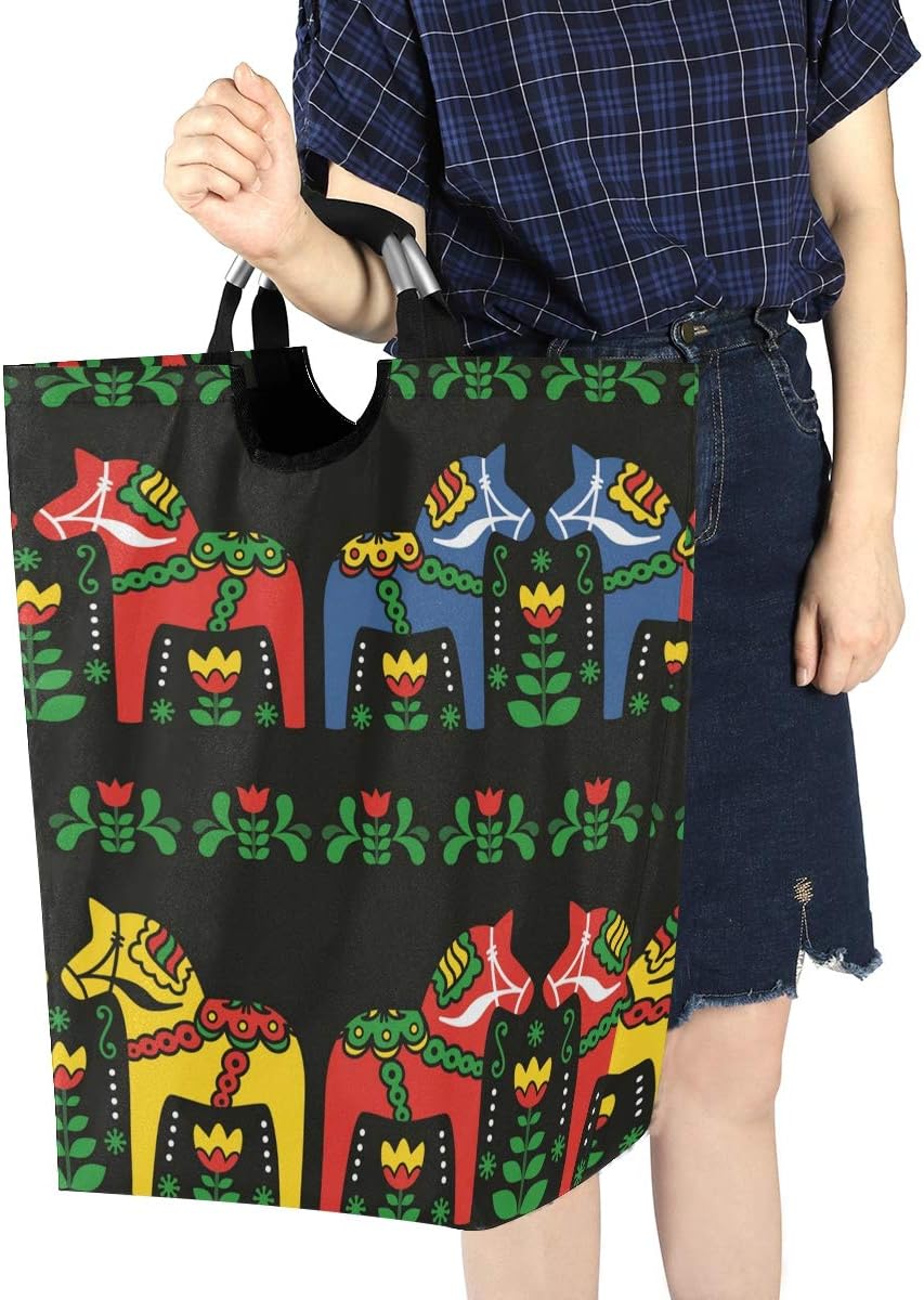 SUABO Foldable Laundry Bag Swedish Dala Horse Folk Handles Waterproof Laundry Basket Clothes Laundry Hamper Toy Books Holder Collapsible Basket