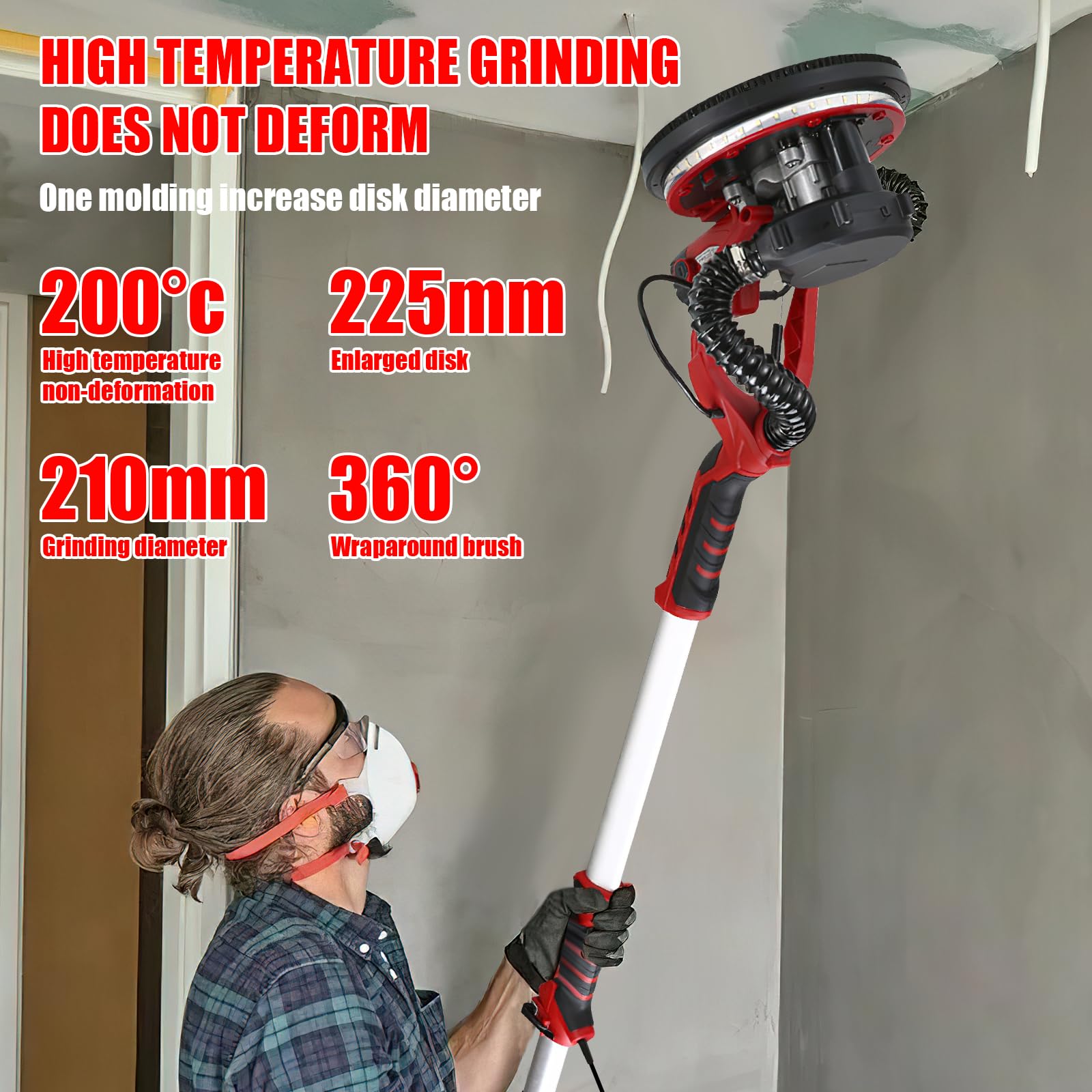Lijadora jirafa con aspiradora 1390 W, lijadora Placo 225 MM, iluminación LED, 2800 RPM, 6 velocidades variables, jirafa lijadora para pared y techo (rojo)