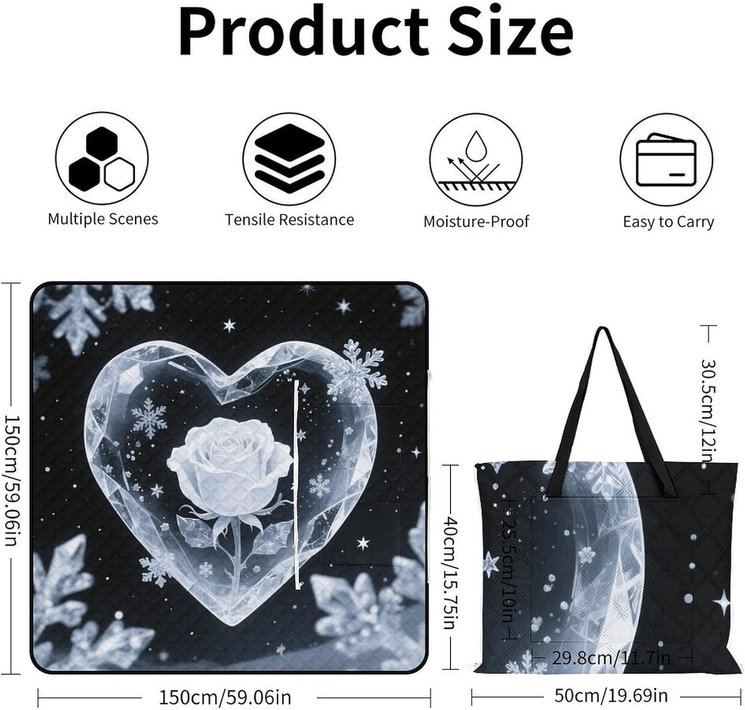 Winter Art Hearts Picnic Blanket 150x150cm, Foldable 2-in-1 Picnic Mat and Tote Bag Portable Waterproof Beach Mat Sandproof Outdoor Blanket for Park, Hiking, Beach, Camping, Travel
