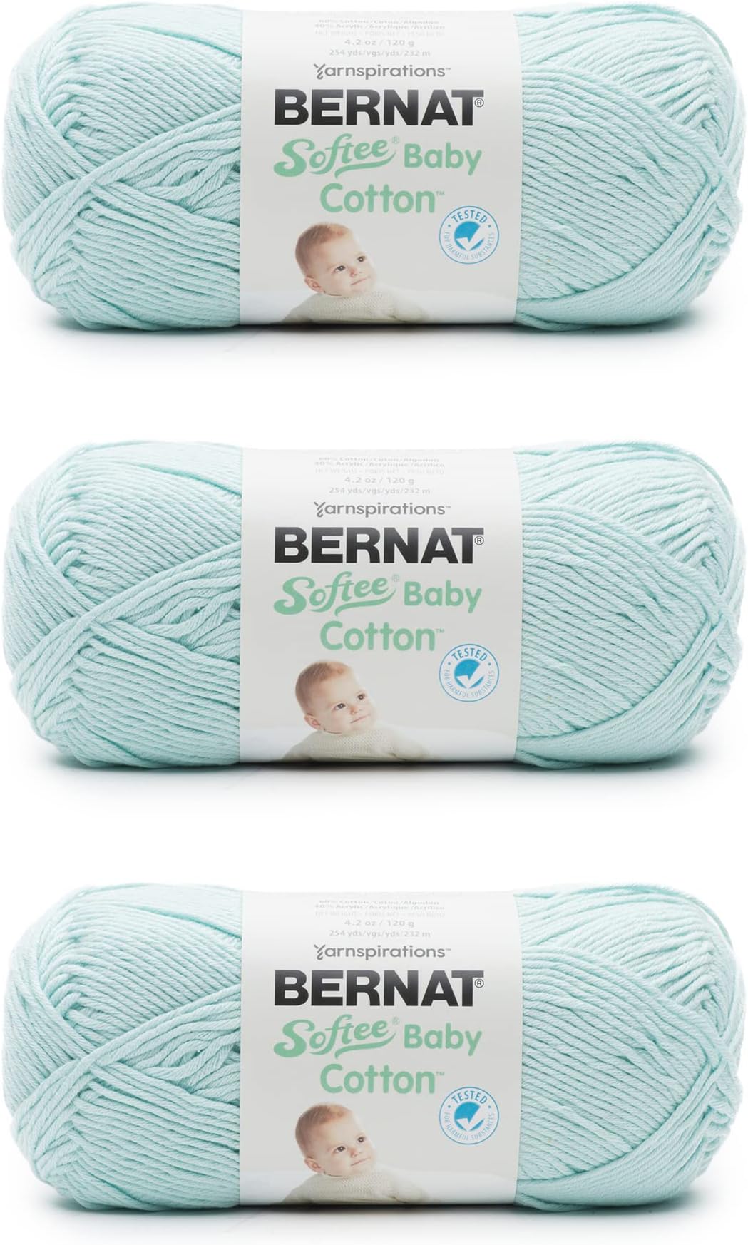 Bernat Softee Baby Cotton Aqua Mist Yarn - 3 Pack of 120g/4.25oz - Blend - 3 DK (Light) - 254 Yards - Knitting/Crochet
