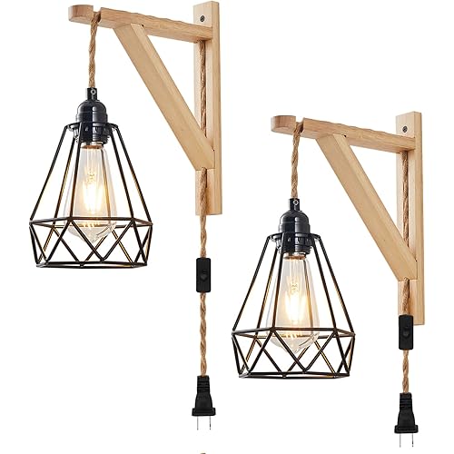 CCKZQYR Plug in Wall Sconces, Wooden Wire Cage Wall Sconce, Farmhouse Wall Lamp with Plug in Cord, Rustic Plug in Wall Light Sconces with On Off Switch, for Living Room, Bedroom, Headboard-2 Pack