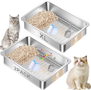 2 Pack Stainless Steel Sifting Litter Box for Pine Pellets,Sifting Cat Litter Box for Wood Pellets,Extra Large Sifter Litter Pan System with Litte Liners and Scoop-20 Lx 13.8W x 6H