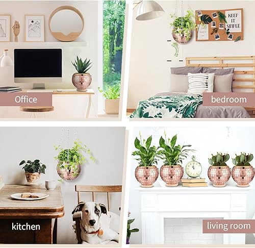 Miniatura 5 de 6 macetas de bola de discoteca de 4 pulgadas con espejo, maceta colgante bohemia con cadena y anillos de madera para plantas de interior y exterior,